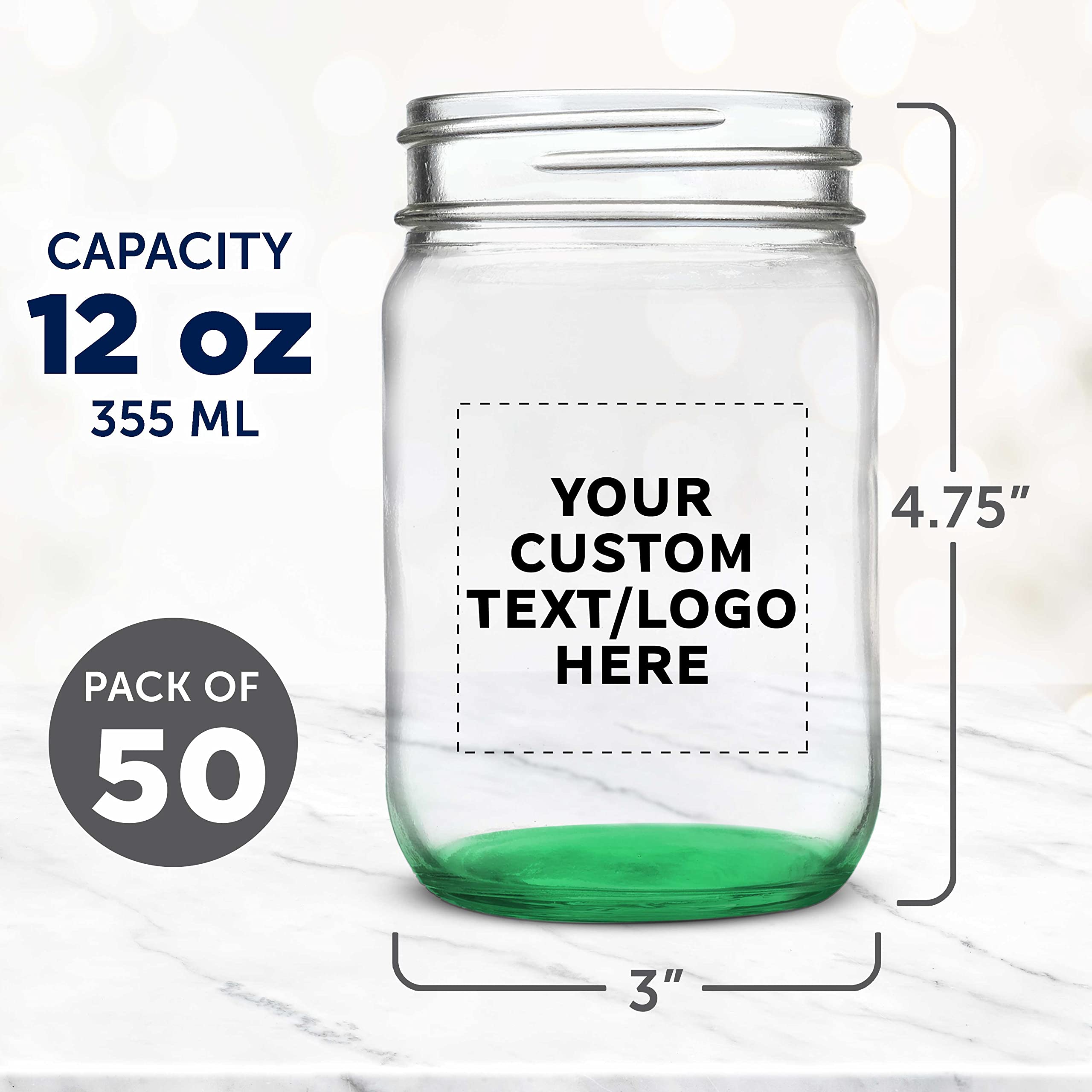 50 Pack 12 oz Custom Mason Jars Bulk Set - Personalized Glass Containers for Overnight Oats, Candies, Fruits, Pickles, Spices & Beverages - Green Decorating Jars - Perfect for DIY Crafts, Wedding Favors, Party Decor & Kitchen Storage