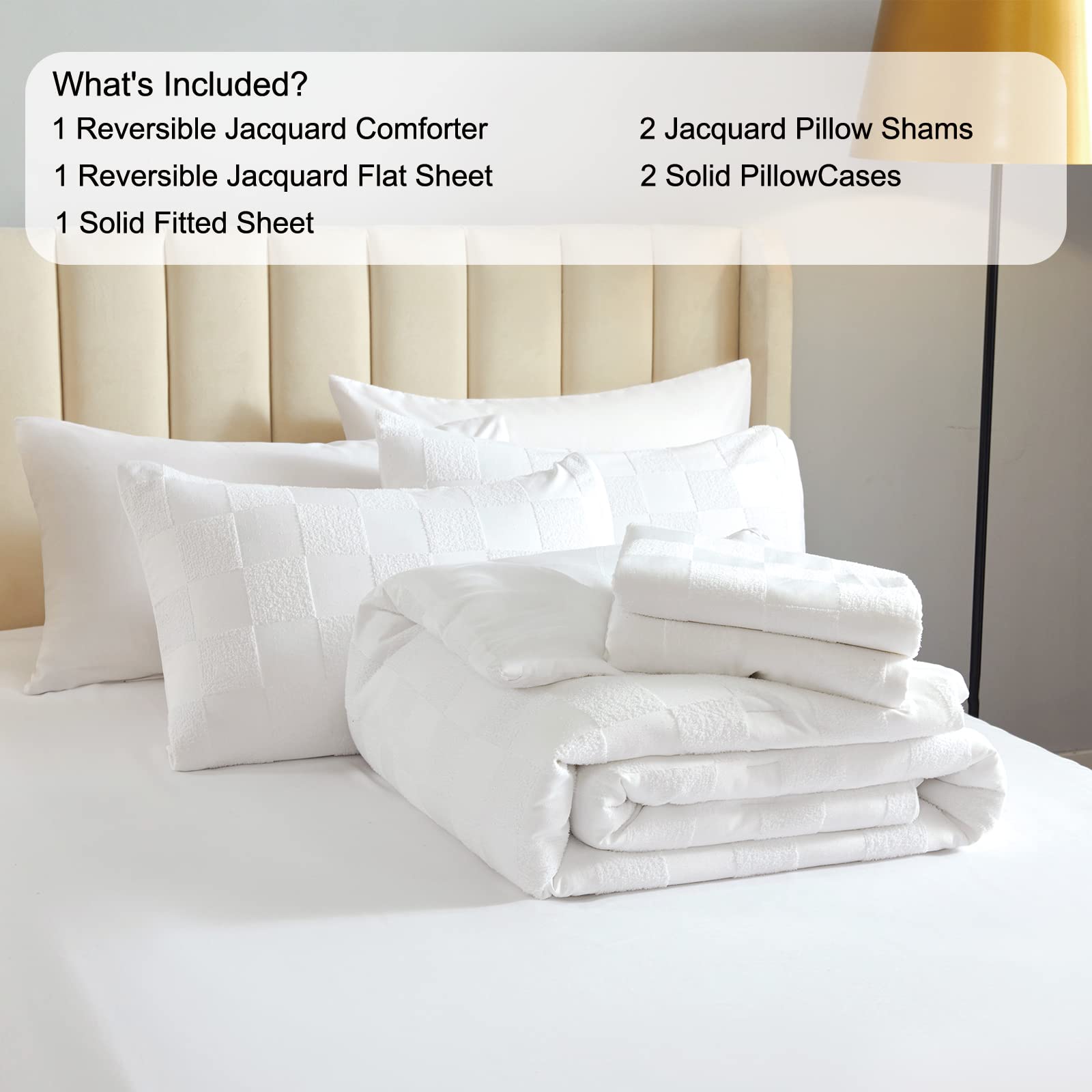 White King Size Comforter Set - 7 Piece Tufted Bed in a Bag with Ultra Soft Comforter, Sheets & Pillowcases | Luxury Hotel Style Reversible Bedding for Master Bedroom & Guest Room