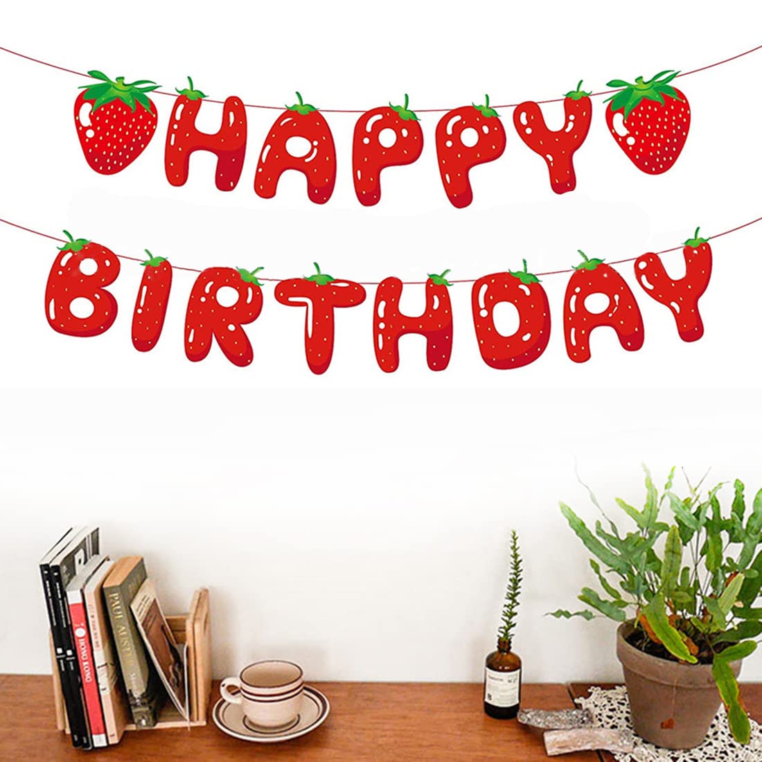 Happy Birthday Strawberry Banner & Bunting Decorations - 2 Set Tropical Party Decor for Beach Summer, Gender Reveal, Baby Shower | Perfect for Outdoor Birthday Parties, Backyard Celebrations & Festive Events