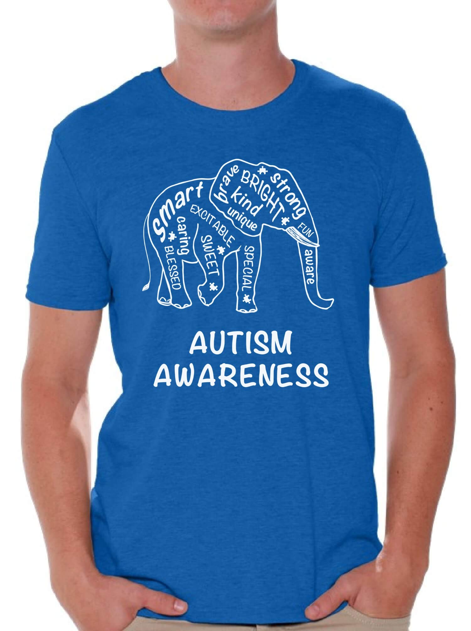 Autism Awareness T-Shirts for Men - Brave & Strong Elephant Design Cotton Tee - Support Neurodiversity for Work, School & Community Events