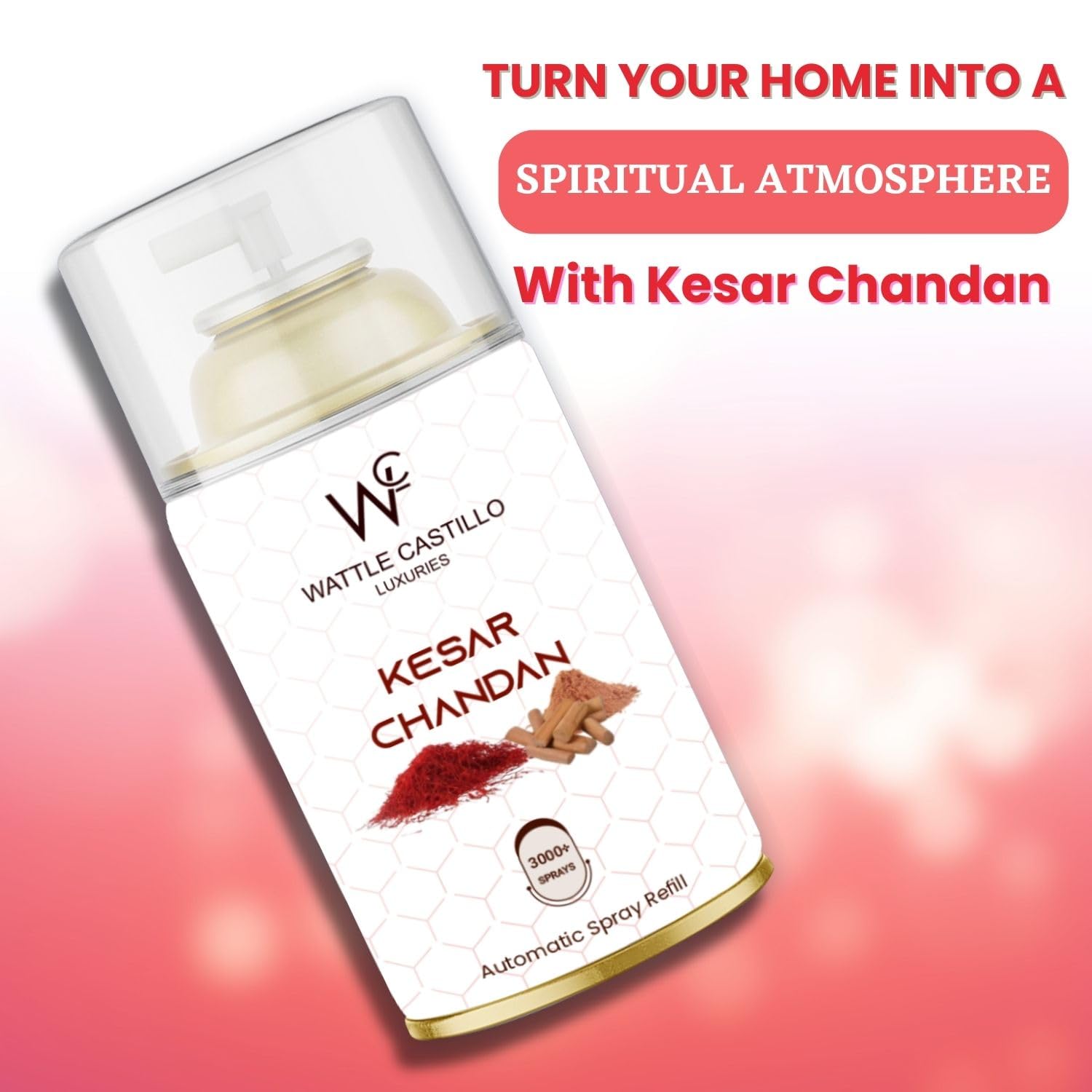 Wattle Castillo Automatic Air Freshener Refill - Relax Kesar Chandan Scent | 3000+ Sprays, Lasts 90 Days (265ml) | Perfect for Home, Office, Bathroom & Car Freshening