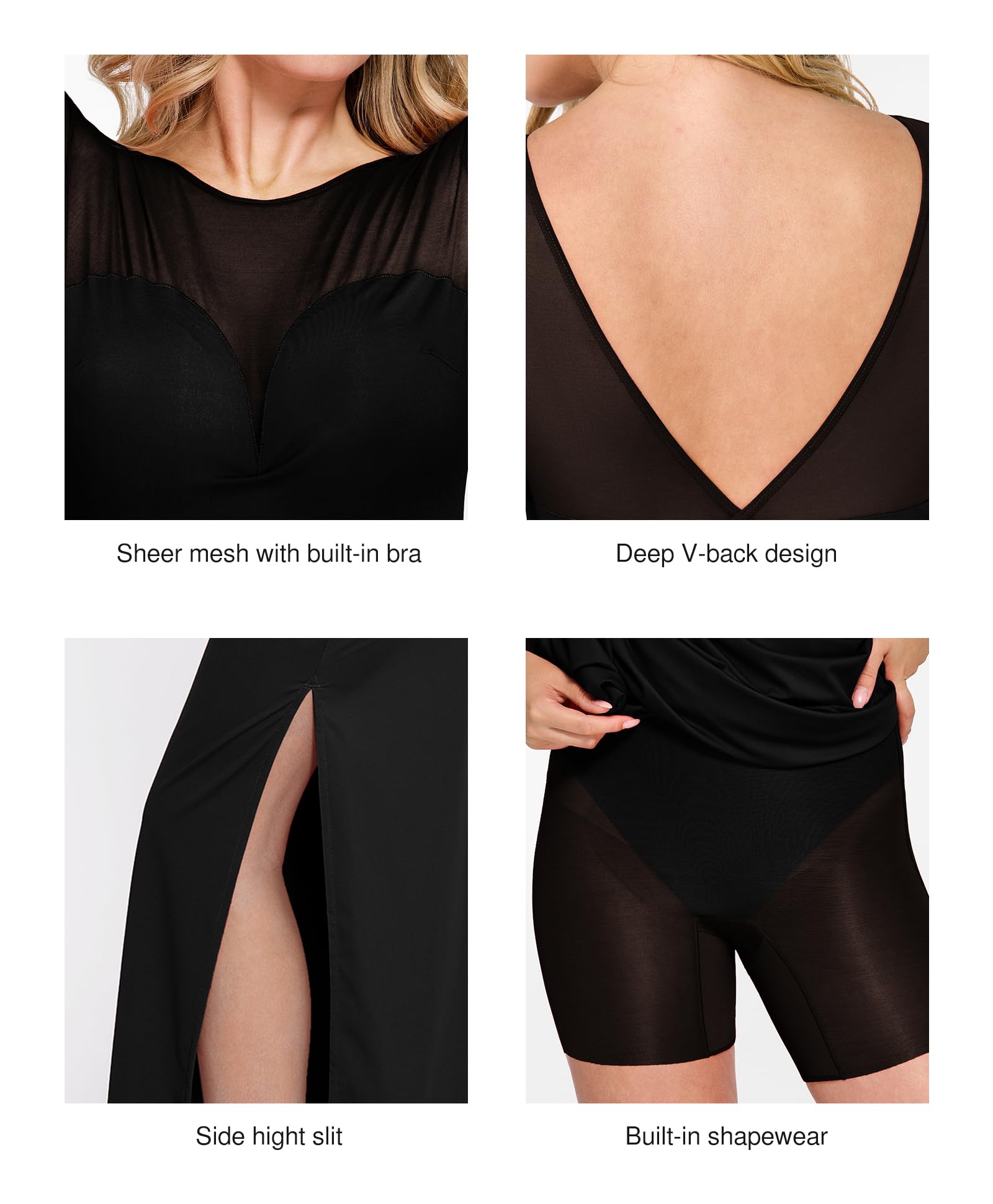 Popilush Women's Long Sleeve Mesh Shapewear Maxi Dress - Slim Fit Bodycon Prom Gown for Wedding, Party & Fall Events | Elegant Black Formal Evening Dress for Special Occasions