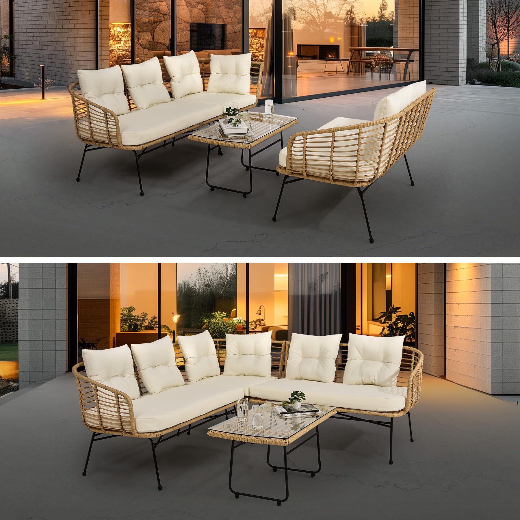 GARVEE 4-Piece Boho Outdoor Patio Furniture Set - L-Shaped Sectional Sofa with Thick Cushions & Tempered Glass Coffee Table - Perfect for Deck, Backyard, Porch & Garden Relaxation