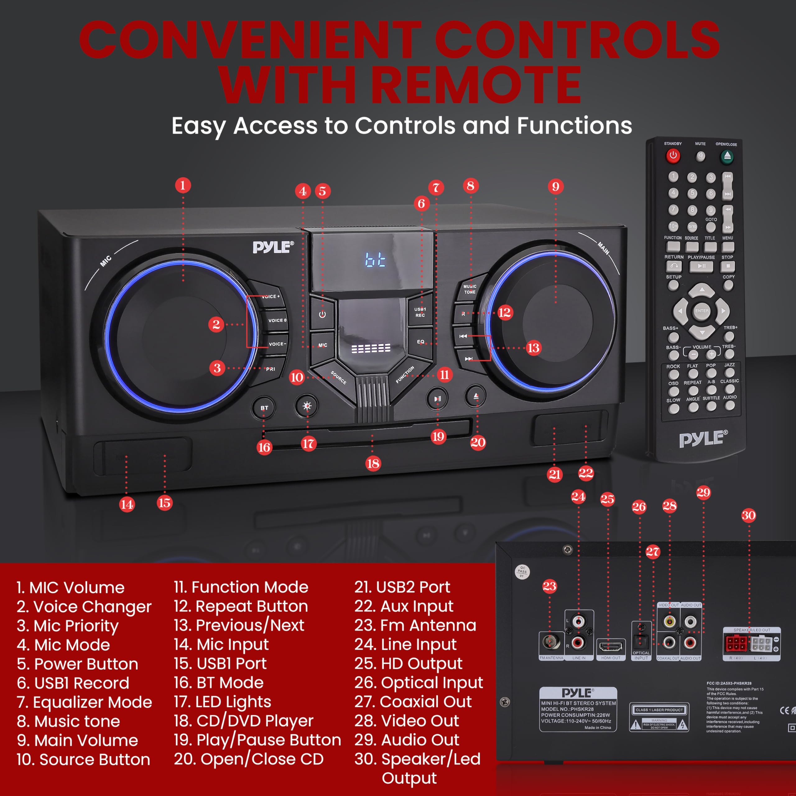 Pyle Bluetooth CD Stereo System with MP3/DVD/CD Playback, Dual USB Recording, Built-in Speakers & Subwoofer - 160W Digital Amplifier, FM Radio, Remote Control - Perfect for Home Entertainment & Party Music System