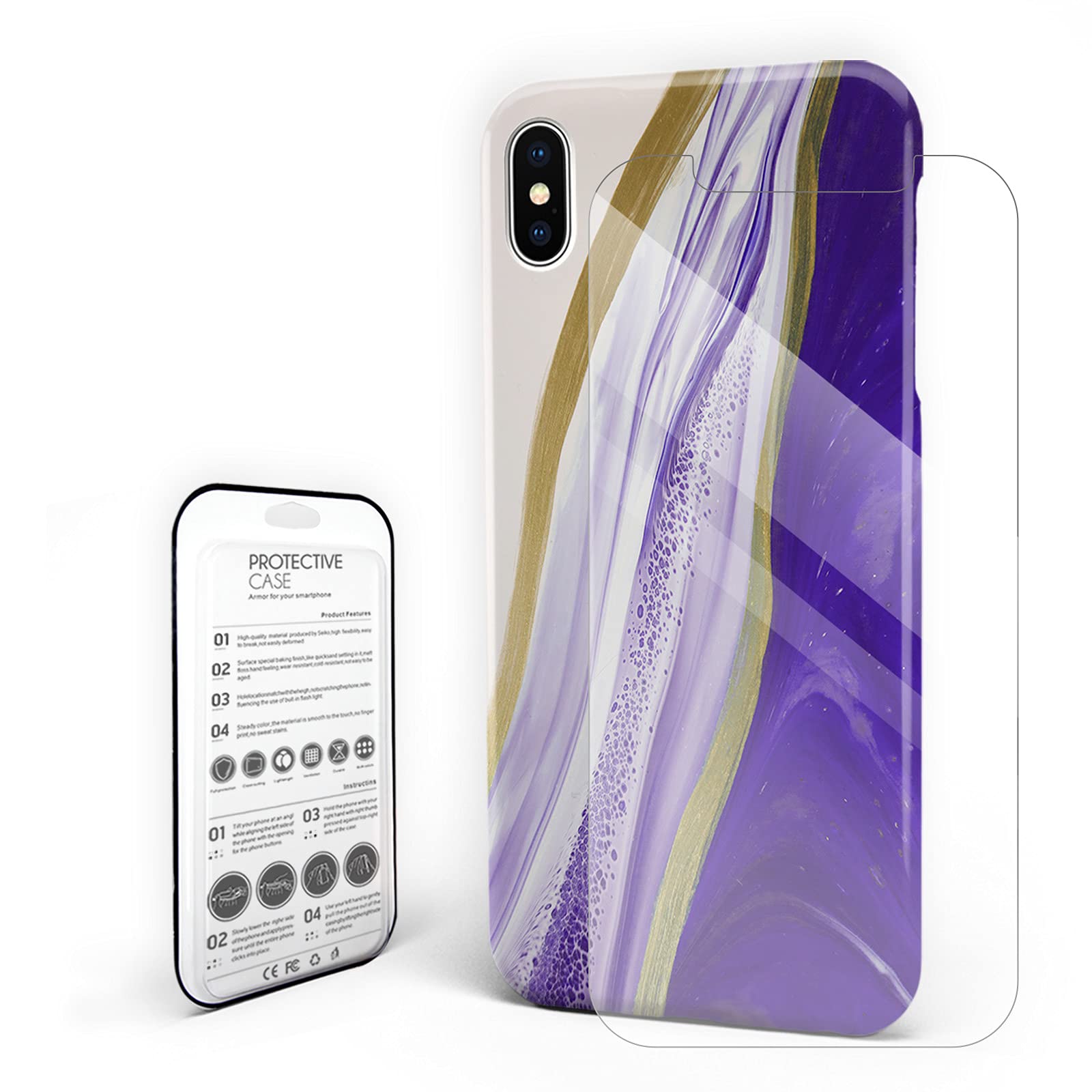 iPhone Xs Max Case - Purple Watercolor Gradient Marble Design | Hard PC Slim Shockproof Protective Cover with Screen Protector | Perfect for Everyday Use, Travel & Outdoor Activities