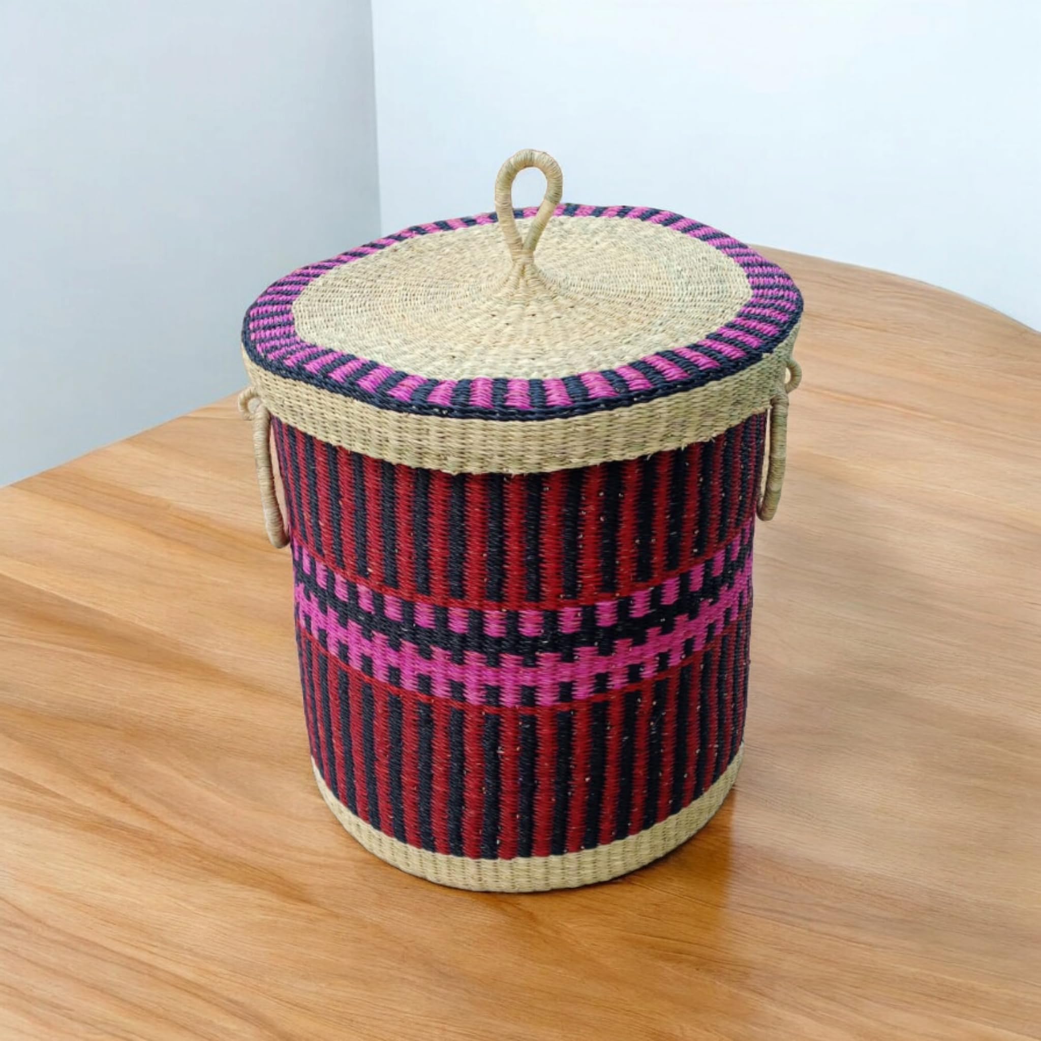 Large African Woven Laundry Basket with Lid - Rattan Storage Hamper for Clothes, Towels, Sheets & Blankets | Ghana Handwoven Basket for Bedroom, Bathroom & Home Organization