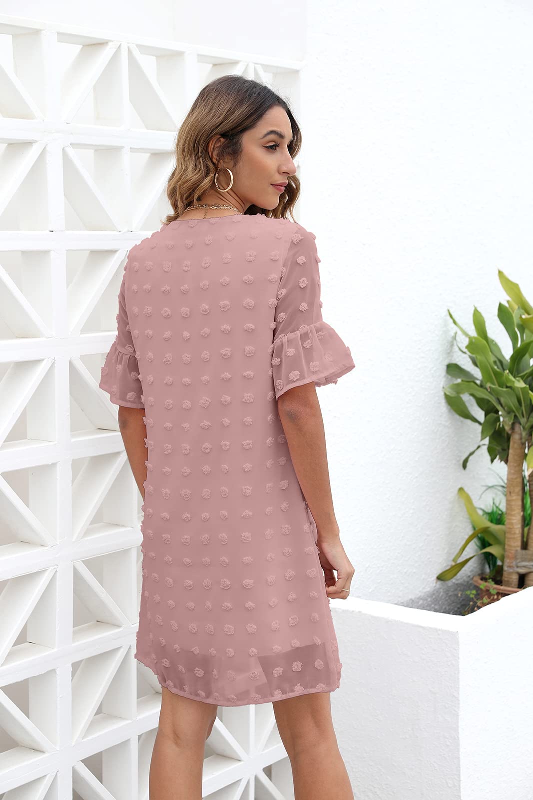 Women's White Chiffon Flowy Mini Dress - Sweet Cute V-Neck Ruffle Short Sleeve Sun Dress for Summer, Beach, Party & Casual Wear