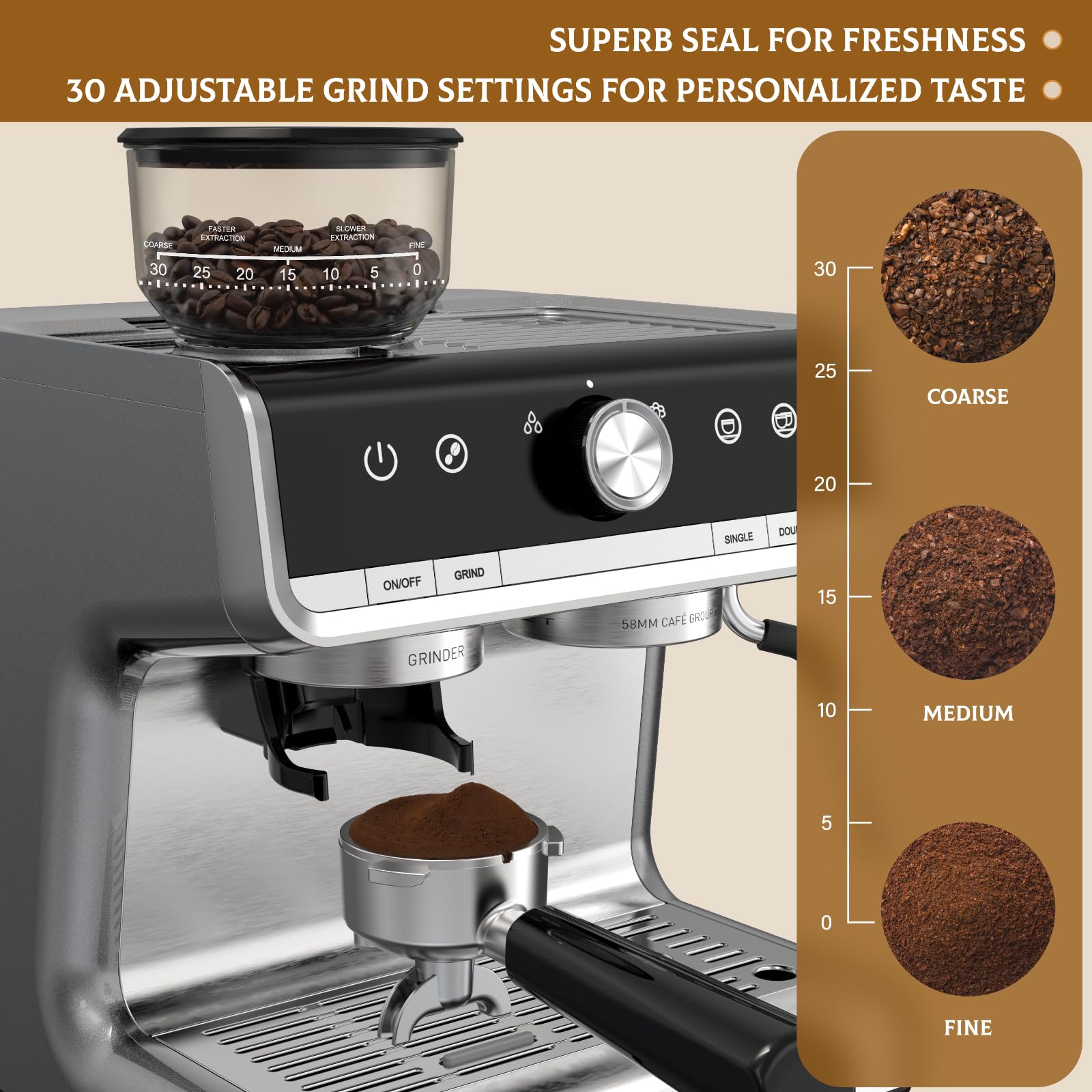 20 Bar Espresso Machine with Built-in Grinder & Steam Wand - Professional All-in-One Home Coffee Maker for Latte & Cappuccino, Light Gray - Perfect for Kitchen, Office & Small Spaces