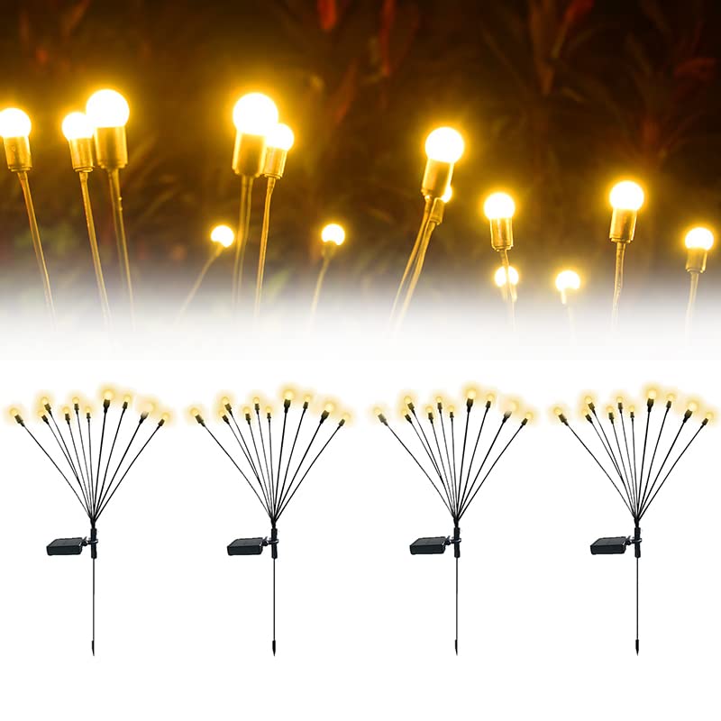 4 Pack 10 LED Solar Powered Firefly Lights - Outdoor Waterproof Decorative String Lights - Starburst Swaying Garden Lights for Pathway, Yard & Landscape - Wind-Activated Warm White Lights - Perfect for Patio, Backyard, Wedding & Party Decorations