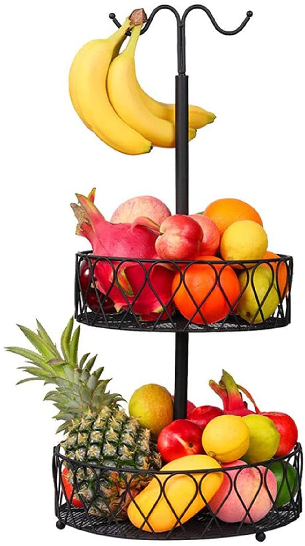 2 Tier Metal Wire Fruit Basket with Banana Hanger - Countertop Kitchen Organizer for Fruits & Vegetables - Detachable Storage Stand for Bananas, Apples, Oranges - Perfect for Kitchen Counter, Pantry, or Dining Table Display