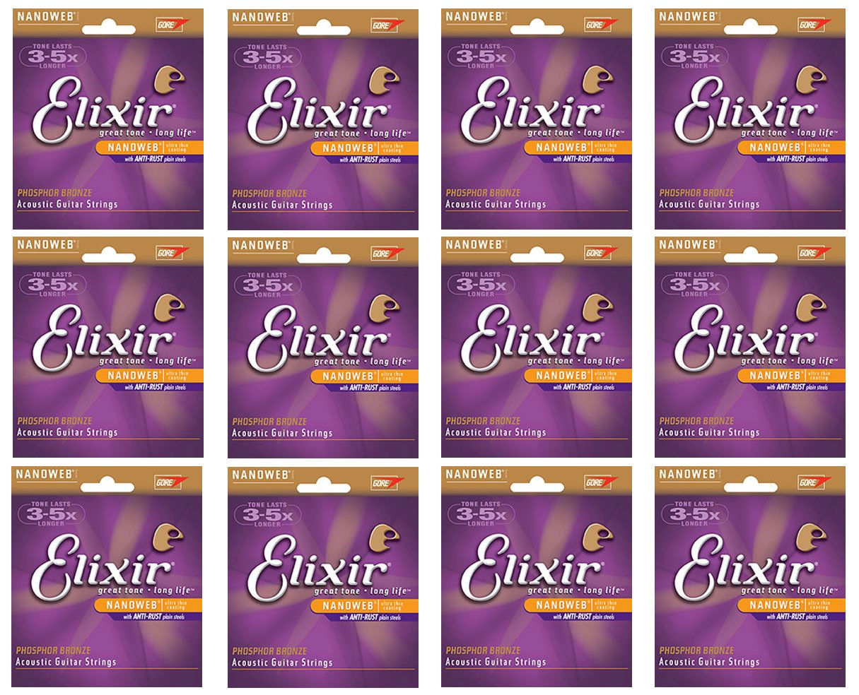 12-Sets Elixir Nanoweb Phosphor Bronze Light Gauge Acoustic Guitar Strings (16027) - Perfect for Folk, Country & Fingerstyle Playing
