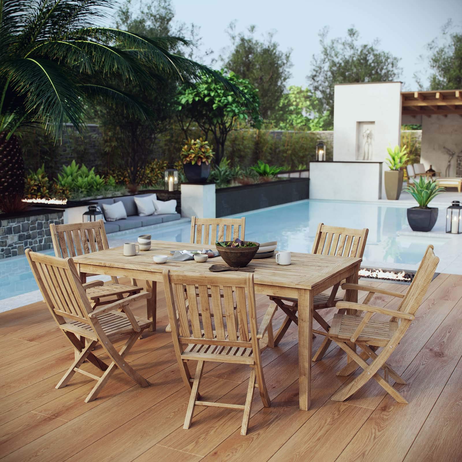 Modern Outdoor Patio Dining Set - Wooden Garden Chairs & Table for Balcony, Deck or Backyard - Natural Finish for Contemporary Style - Perfect for Al Fresco Meals, Relaxing & Entertaining