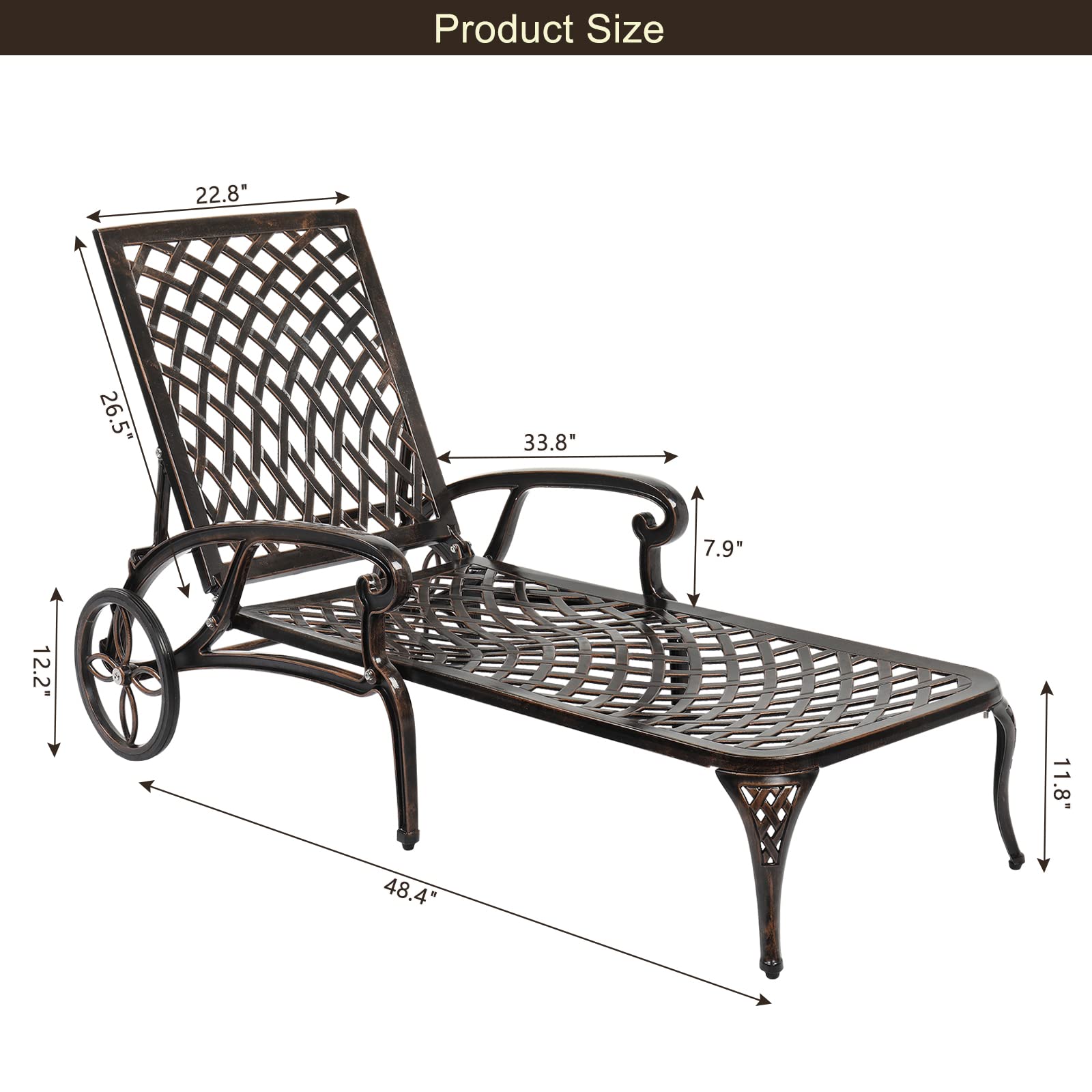 VINGLI Heavy Duty Cast Aluminum Outdoor Chaise Lounge Chair with Wheels - 3-Position Adjustable Backrest Patio Sunbathing Chair for Poolside, Beach & Backyard Relaxation (Bronze, Cushion Not Included)