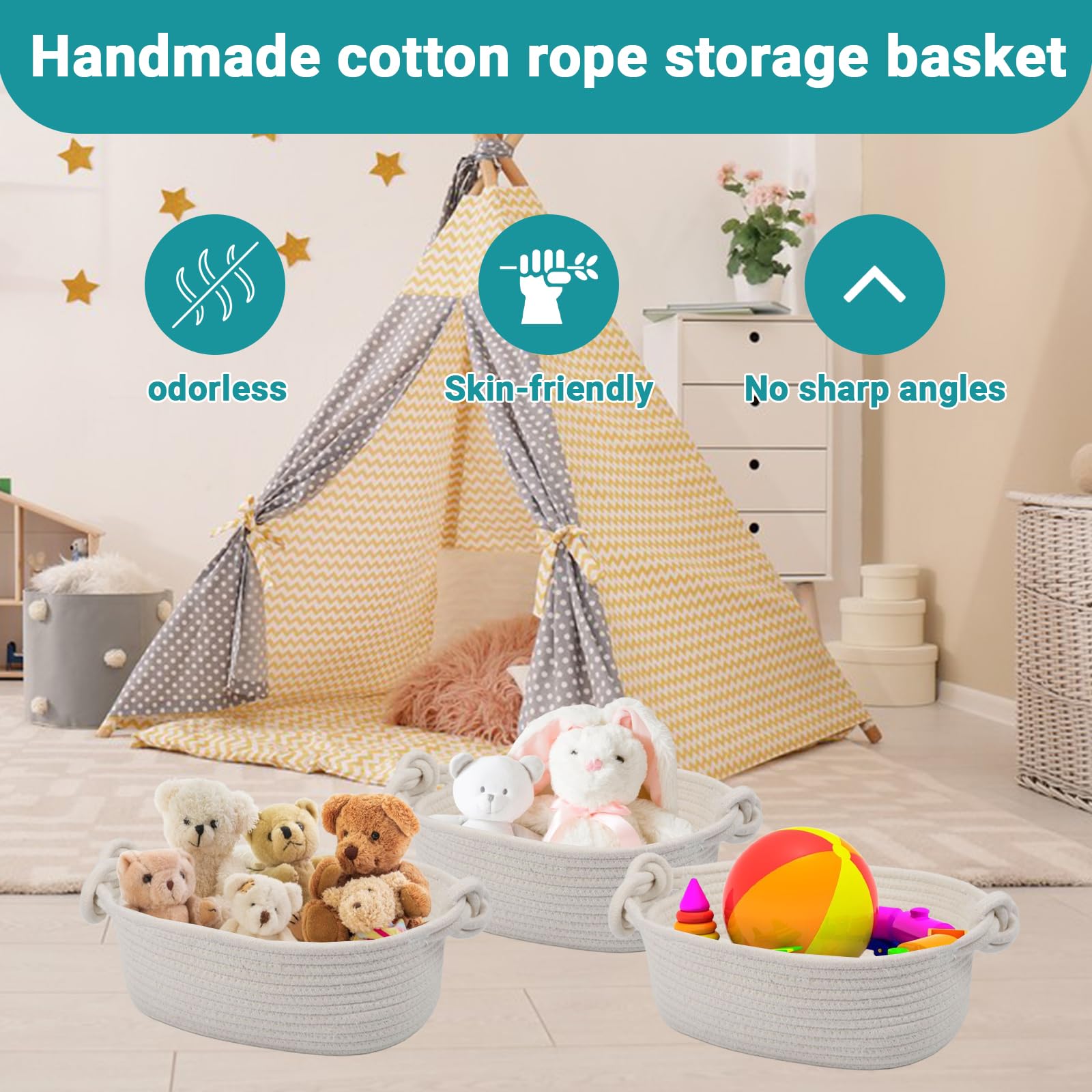 3-Pack Cotton Rope Storage Baskets with Handles - 12