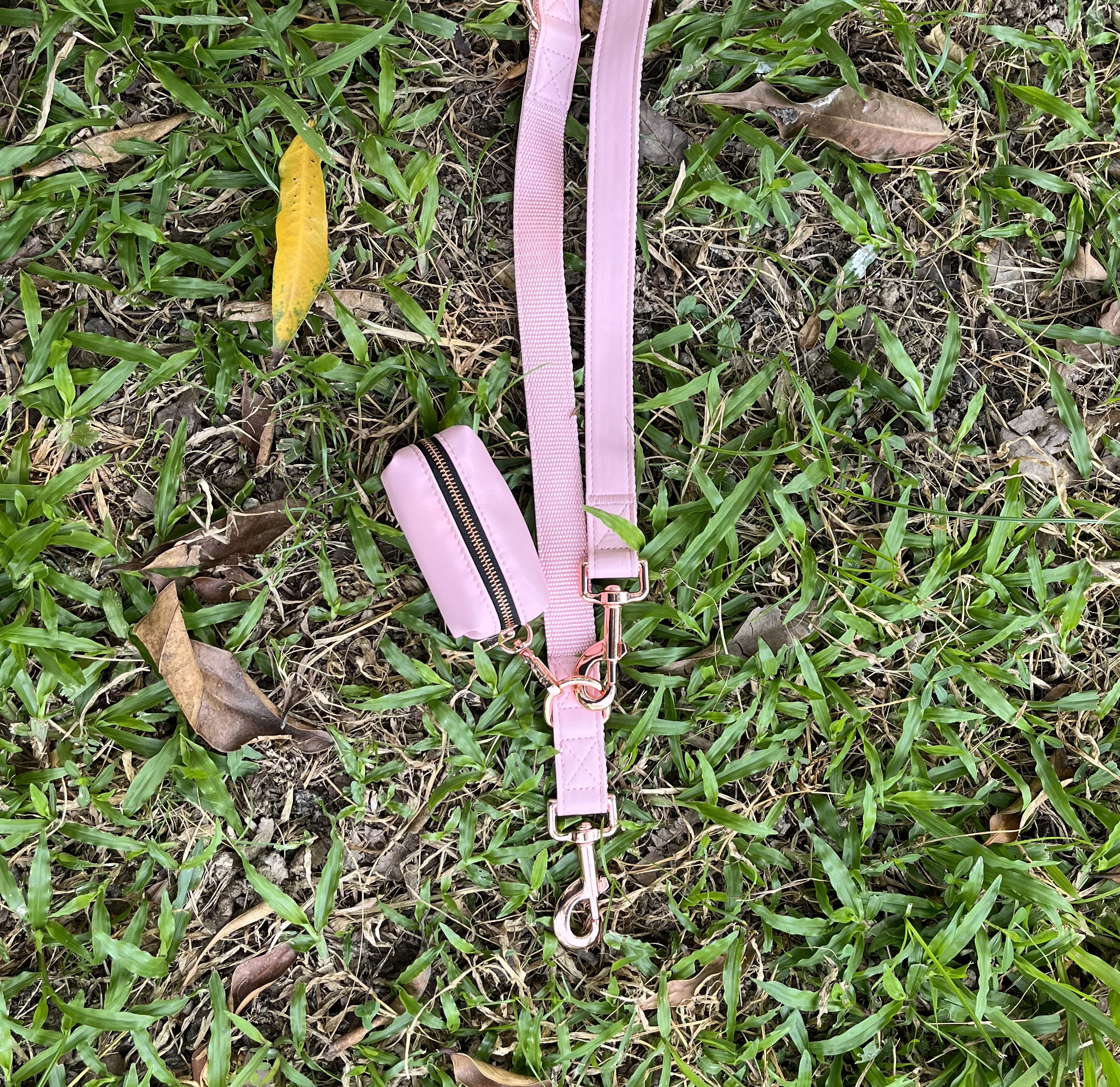 Vegan Leather Dog Collar and Leash Set with Rose Gold Buckle - Soft, Easy to Clean for Small, Medium & Large Dogs (Pink) | Includes Poop Bag Dispenser | Perfect for Walks, Training & Outdoor Adventures