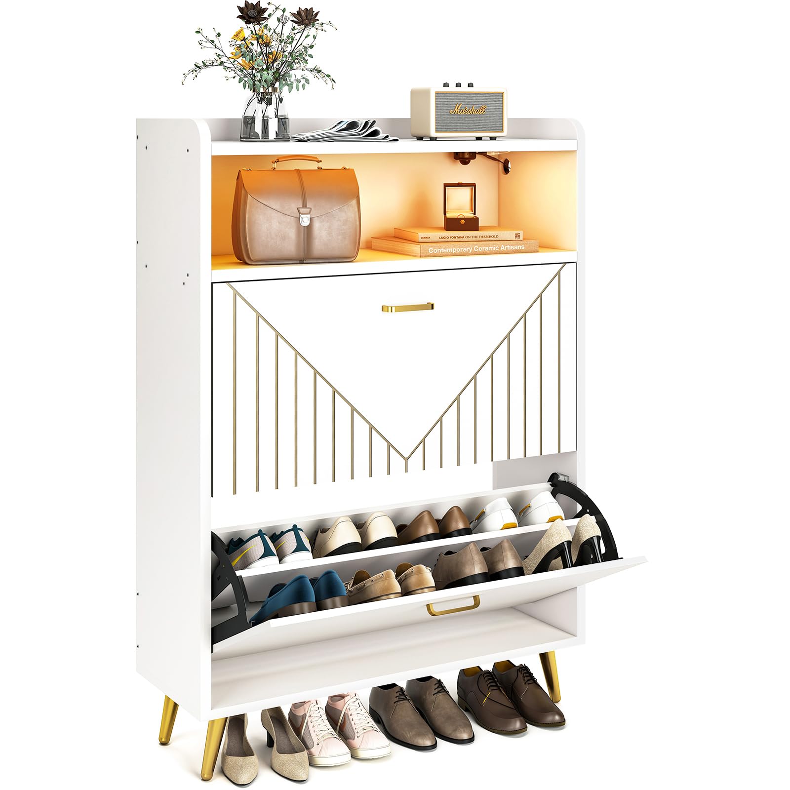 Aheaplus White Shoe Cabinet with Flip Doors - Motion Sensor LED Light Shoe Storage Organizer, Freestanding Wooden Entryway Shoe Rack with Open Shelves for Closet & Living Room - Perfect for Small Spaces, Apartments, and Home Organization