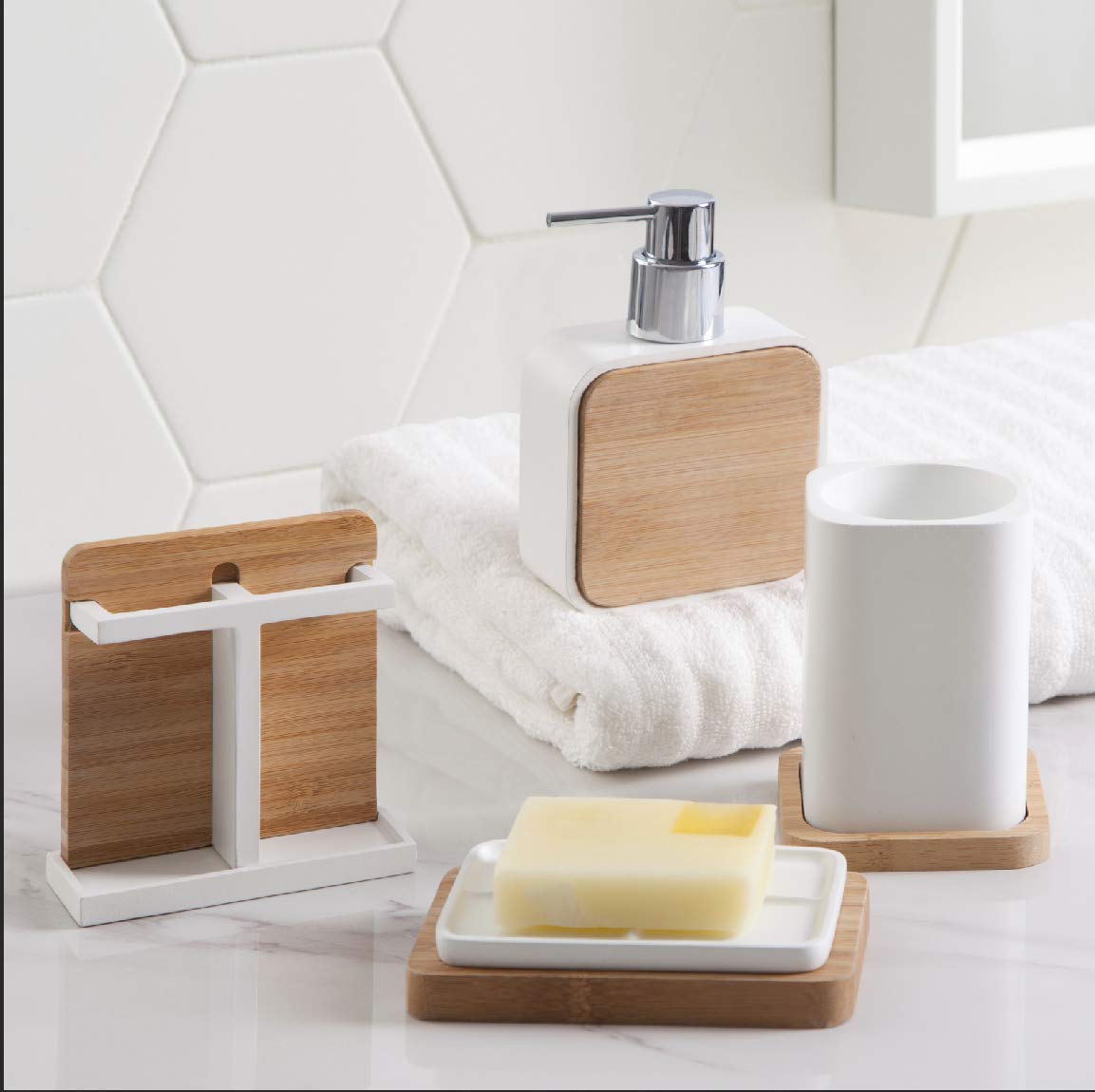 Luxury Modern Bathroom Décor Set - Alpha Bamboo Resin Style Tumbler Cup & Bath Accessories | Spa & Home Decor Gift Idea