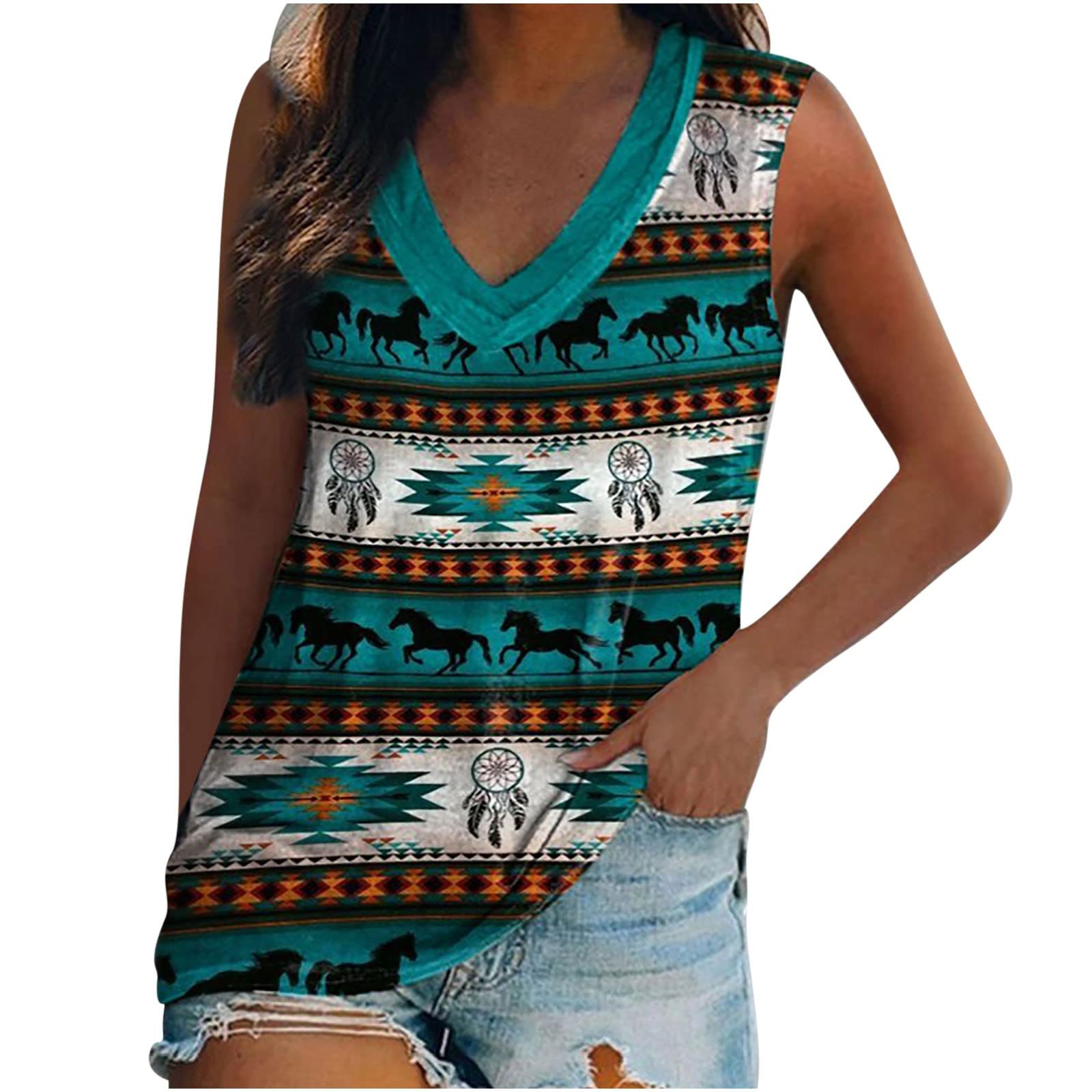 NIUQI Women's Sleeveless Aztec Tank Top - Retro Western Graphic Tee for Summer Casual Wear