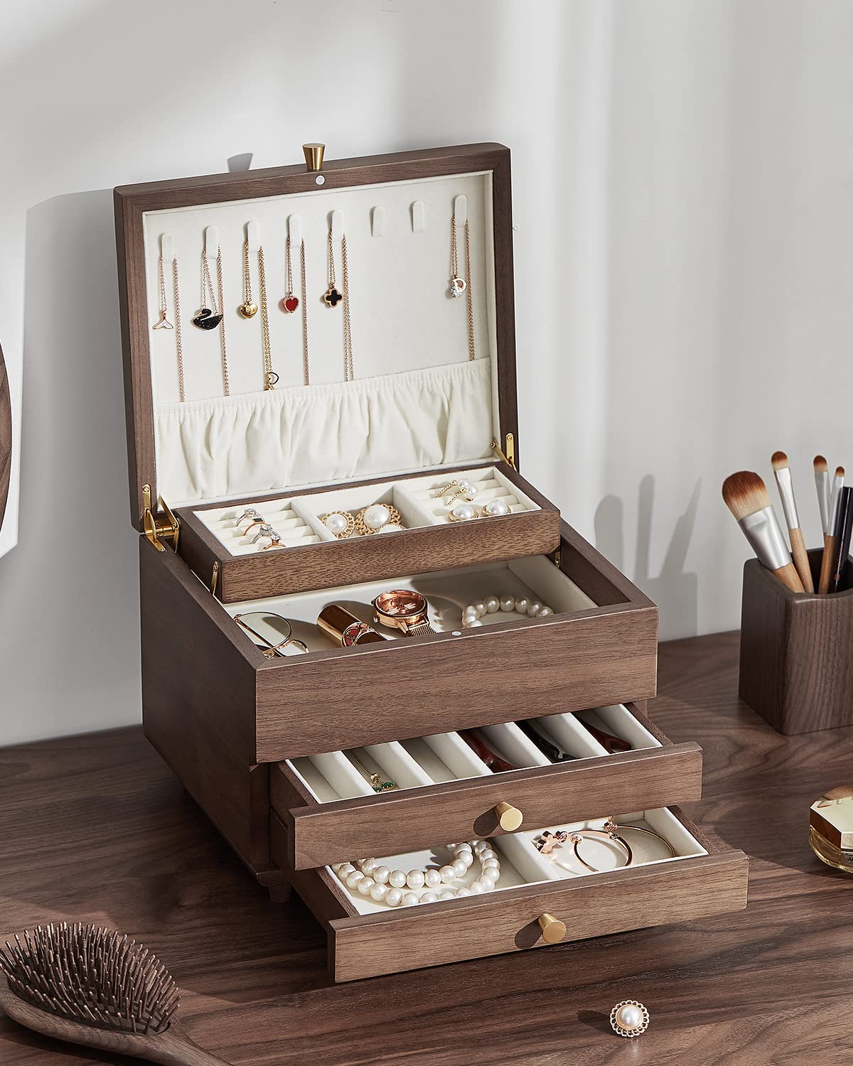 CHOSIN 3-Layer Wooden Jewelry Box Organizer - Solid Black Walnut Wood Jewelry Storage Case for Necklaces, Rings, Earrings, Watches & Bracelets - Perfect Gift for Women - Ideal for Bedroom Vanity, Dresser Top & Travel Jewelry Organization