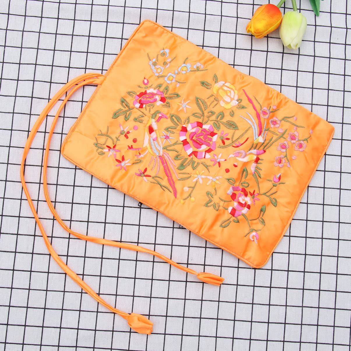 Zerodeko Jewelry Roll Bag - Silk Embroidery Brocade Travel Jewelry Organizer Pouch for Necklaces, Bracelets, Earrings & Rings with Secure Tie Closure (Orange) - Perfect for Travel, Gifts & Daily Jewelry Storage
