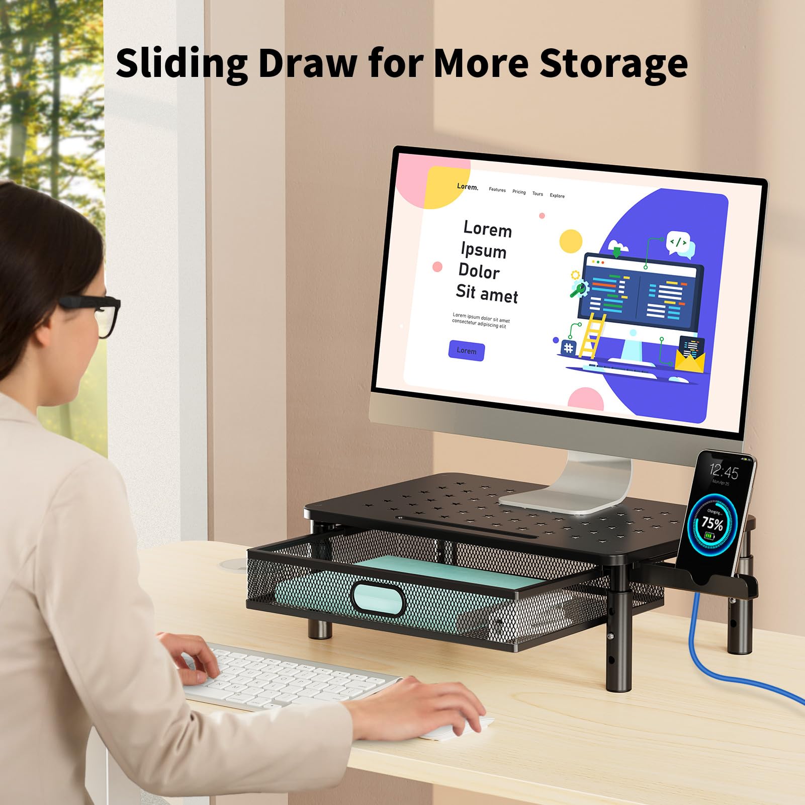 Zimilar Adjustable Monitor Stand Riser with Metal Mesh Drawer & Phone Holder - Ergonomic Computer Monitor Stand for Laptop, Printer, Notebook - Perfect for Home Office, Gaming Setup & Workspace Organization