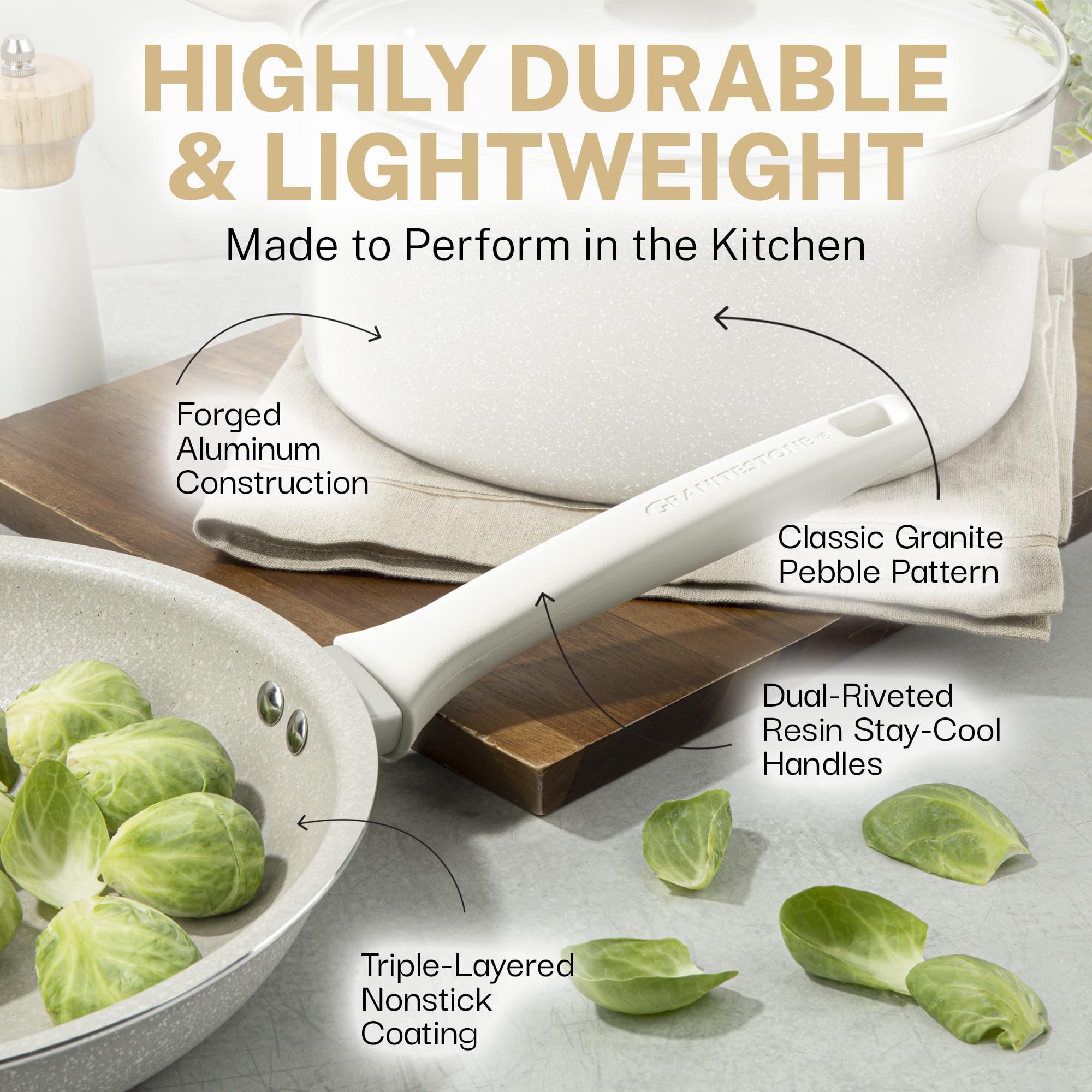 GraniteStone 20-Piece Nonstick Cookware Set - Pots & Pans with Lids, PFOA-Free Ceramic Coating, Dishwasher Safe - Perfect for Frying, Boiling & Everyday Cooking | Beige Kitchen Essentials