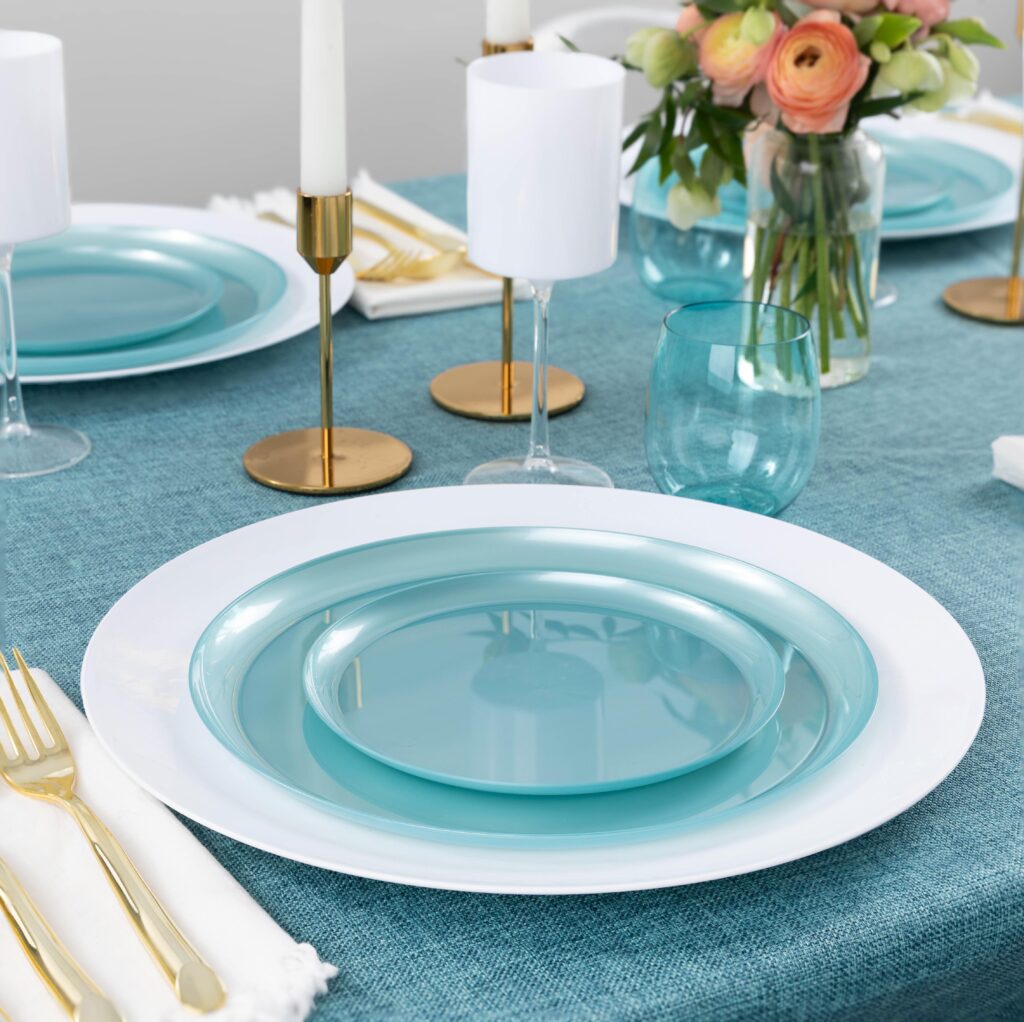 20-Pack Teal Pearl Round Plastic Dinnerware Set for 10 Guests - Elegant Disposable Plates, Bowls, Cups & Utensils - Perfect for Weddings, Parties, Picnics & Outdoor Events