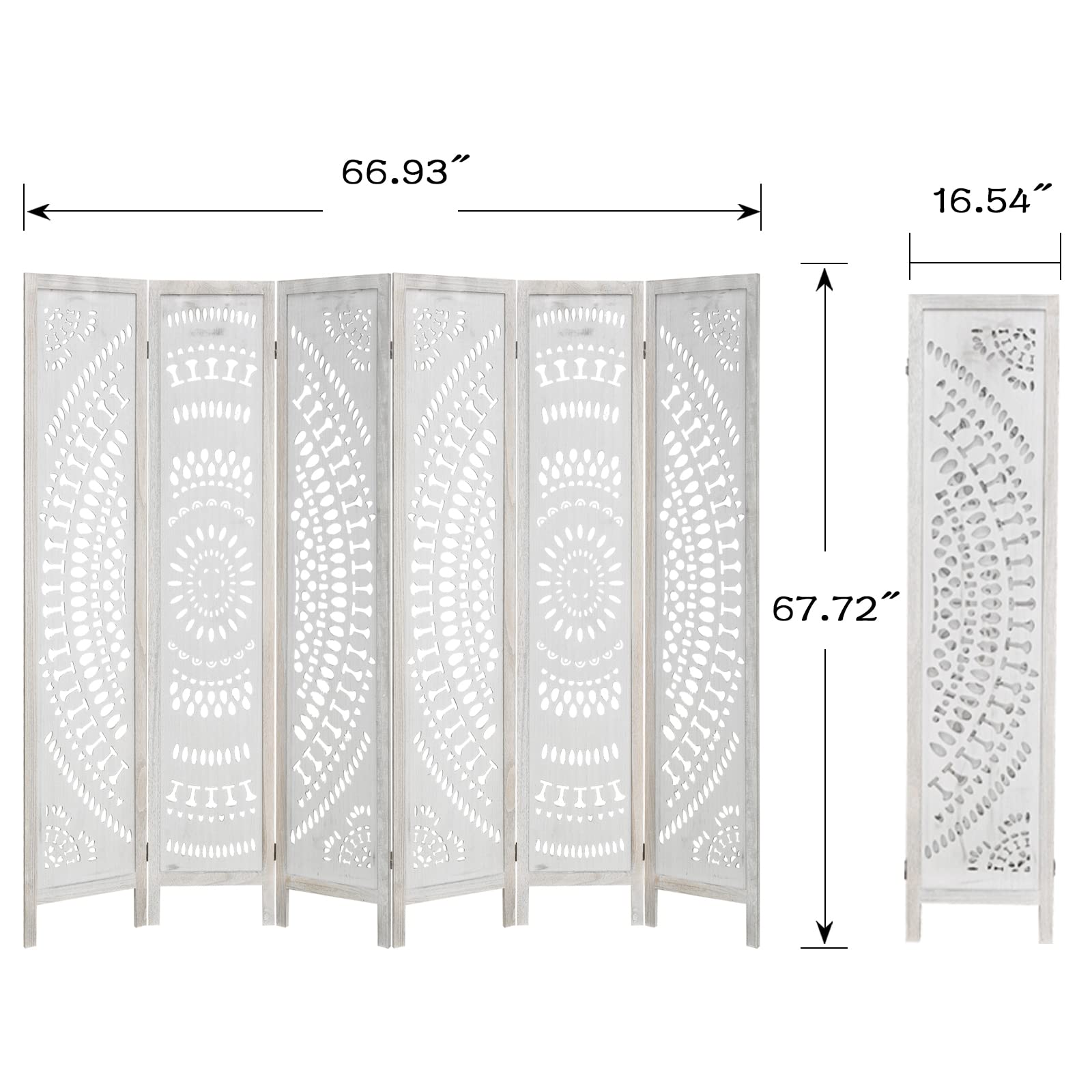 ECOMEX 6 Panel Folding Room Divider - Freestanding Privacy Screen with Carved Wood Design for Bedroom, Home Office, Apartment, Studio, Hotel, Restaurant, Garden & Terrace - Perfect for Creating Private Spaces & Room Partition (White)