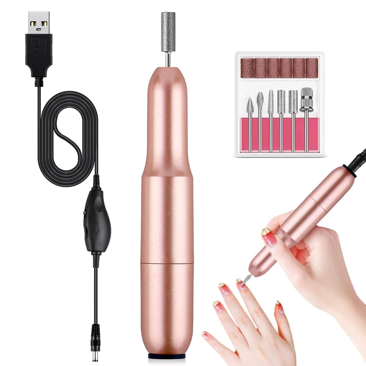 Professional Electric Nail Drill Kit - Kreni Cordless Nail File Machine with 6 Drill Bits & Sanding Paper for Salon & Home Manicure Pedicure | Perfect for Nail Art, Acrylics & Gel Polish Removal | Portable Nail Care Tools for DIY & Professional Use