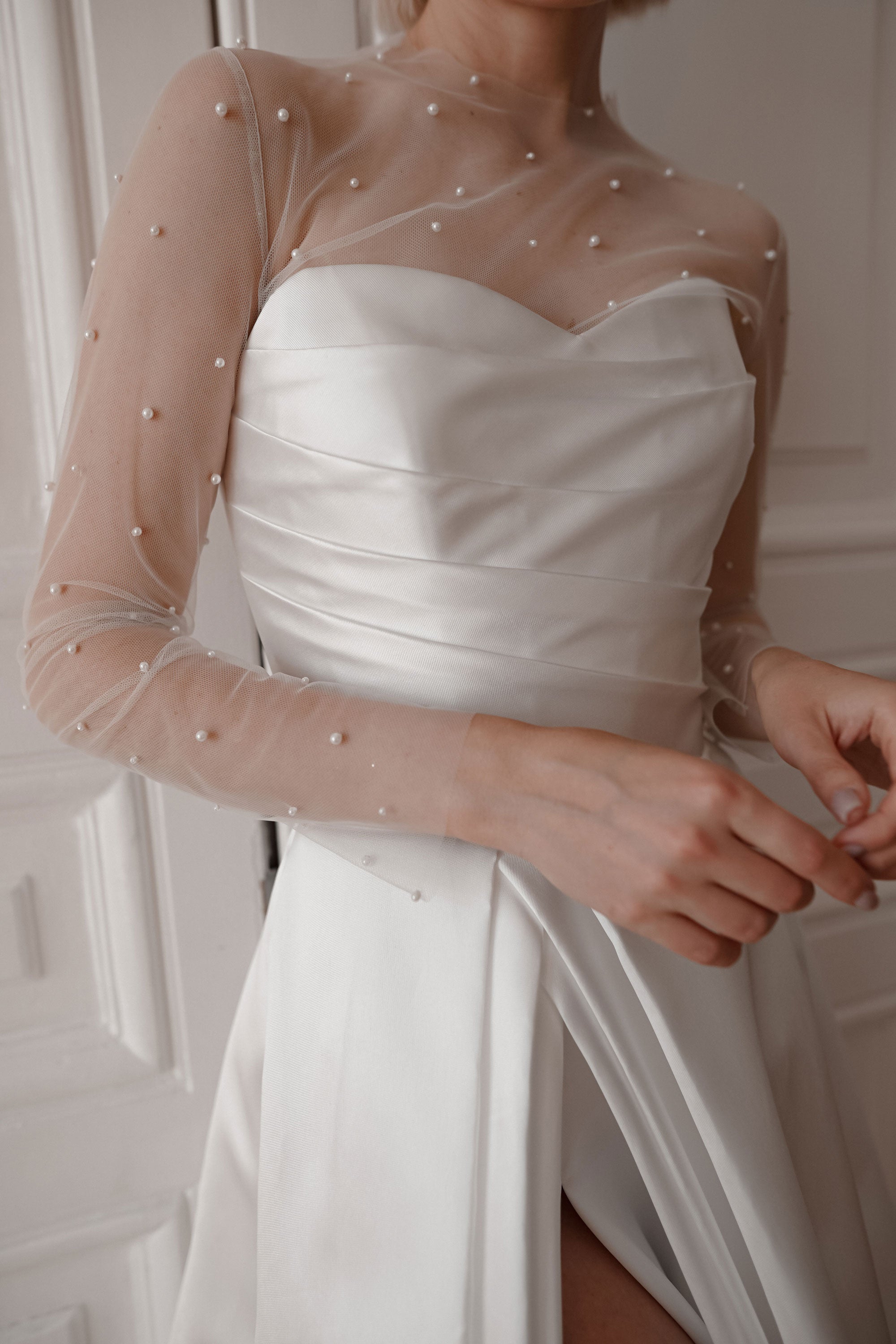 Elegant Tulle Blouse with Pearl Embellishments - Perfect for Weddings, Parties & Special Occasions