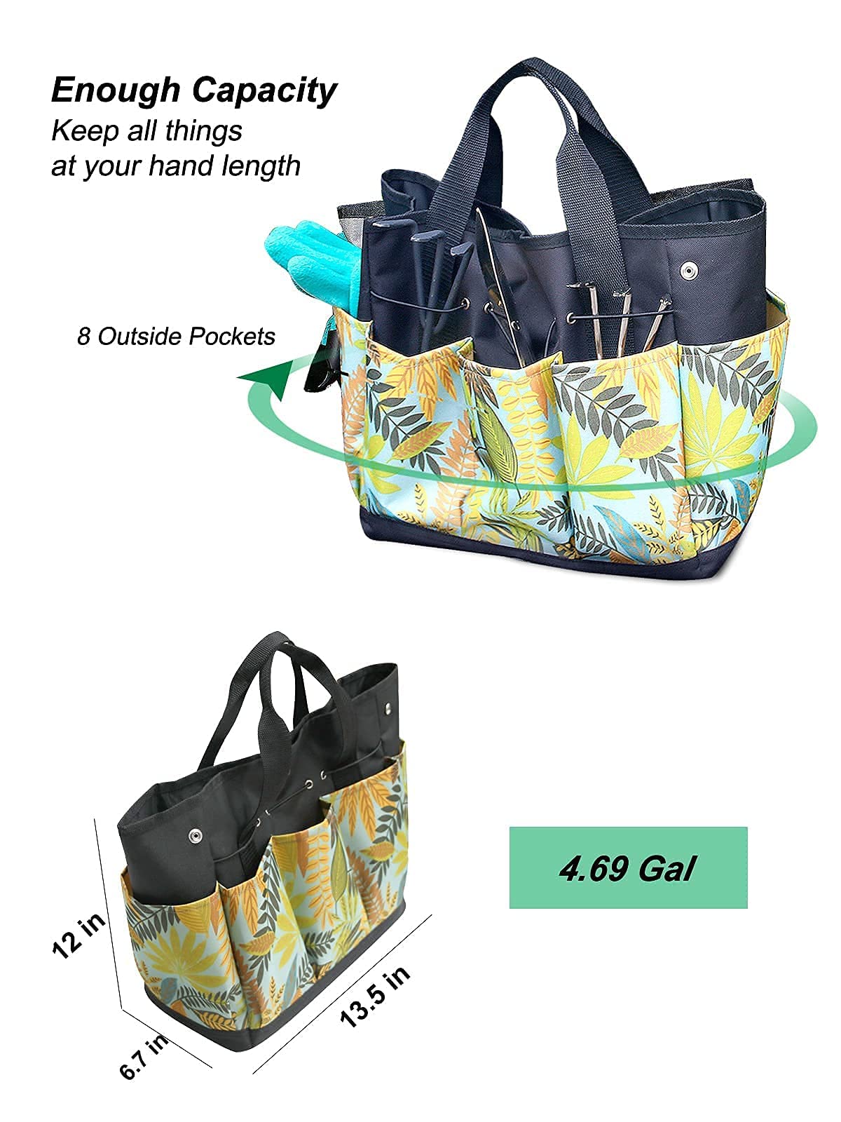 GERYMU Heavy Duty Garden Tool Bag with 8 Pockets - Durable Oxford Storage Tote for Gardening Tools (Floral Yellow) | Perfect for Organizing Pruners, Gloves & Small Tools in Backyard or Greenhouse