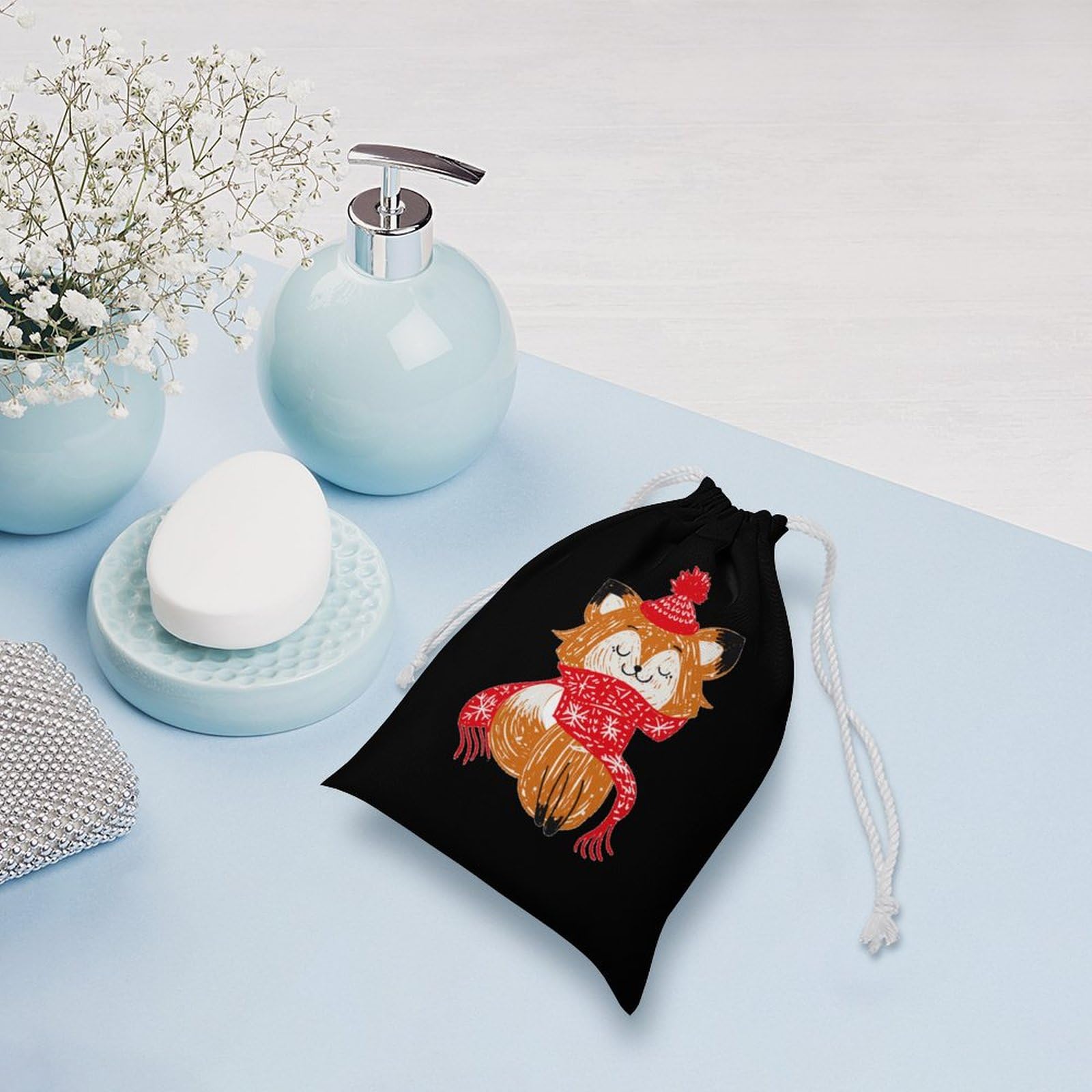 Cute Christmas Cartoon Fox Muslin Drawstring Bags - Reusable Small Gift Pouch for Holiday Presents, Party Favors & Home Storage | Eco-Friendly Fabric Gift Bags