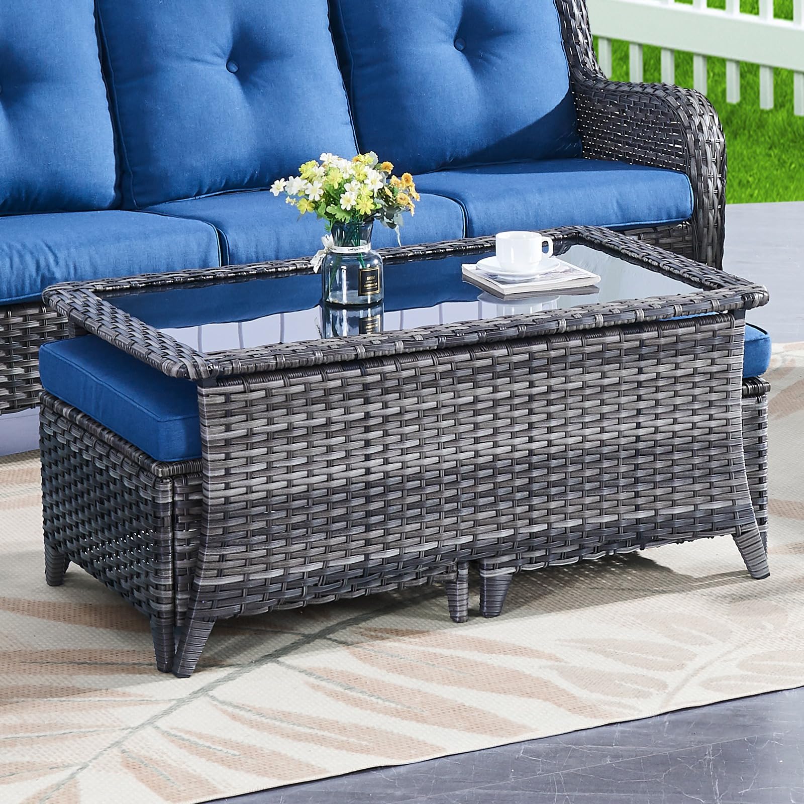 **Outdoor Coffee Table with Tempered Glass Top - Rectangular Patio Table in Mixed Grey Wicker - Handwoven Rattan Coffee Table for Porch, Deck, Backyard - Perfect for Outdoor Lounging, Entertaining & Relaxation**