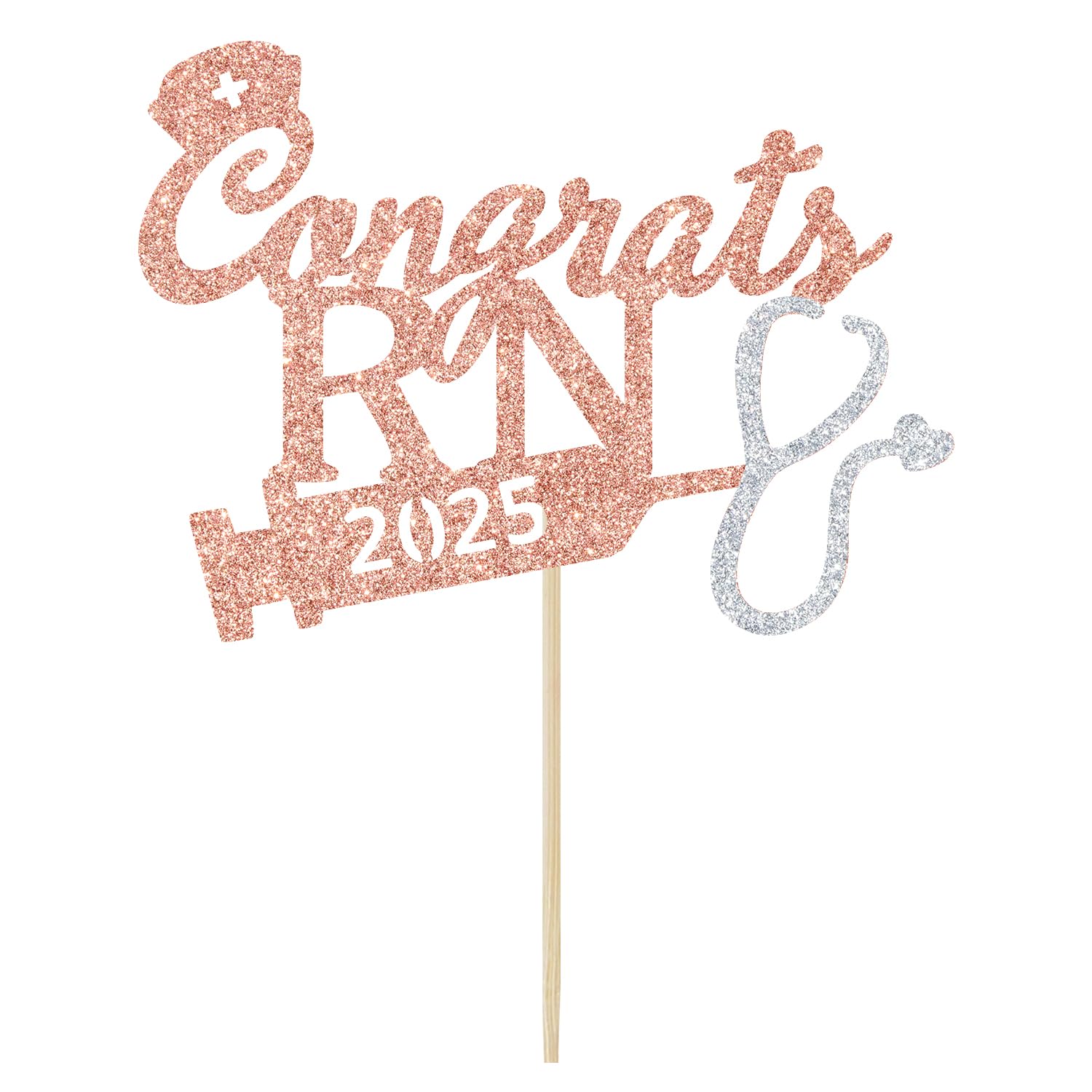 Rose Gold Glitter Congrats RN 2025 Cake Topper - 2025 Nursing Graduation Party Decorations, Nurse Graduation Photo Props for RN Graduates | Perfect for Nursing School Graduation Cakes, Nurse-Themed Parties & Graduation Photo Shoots