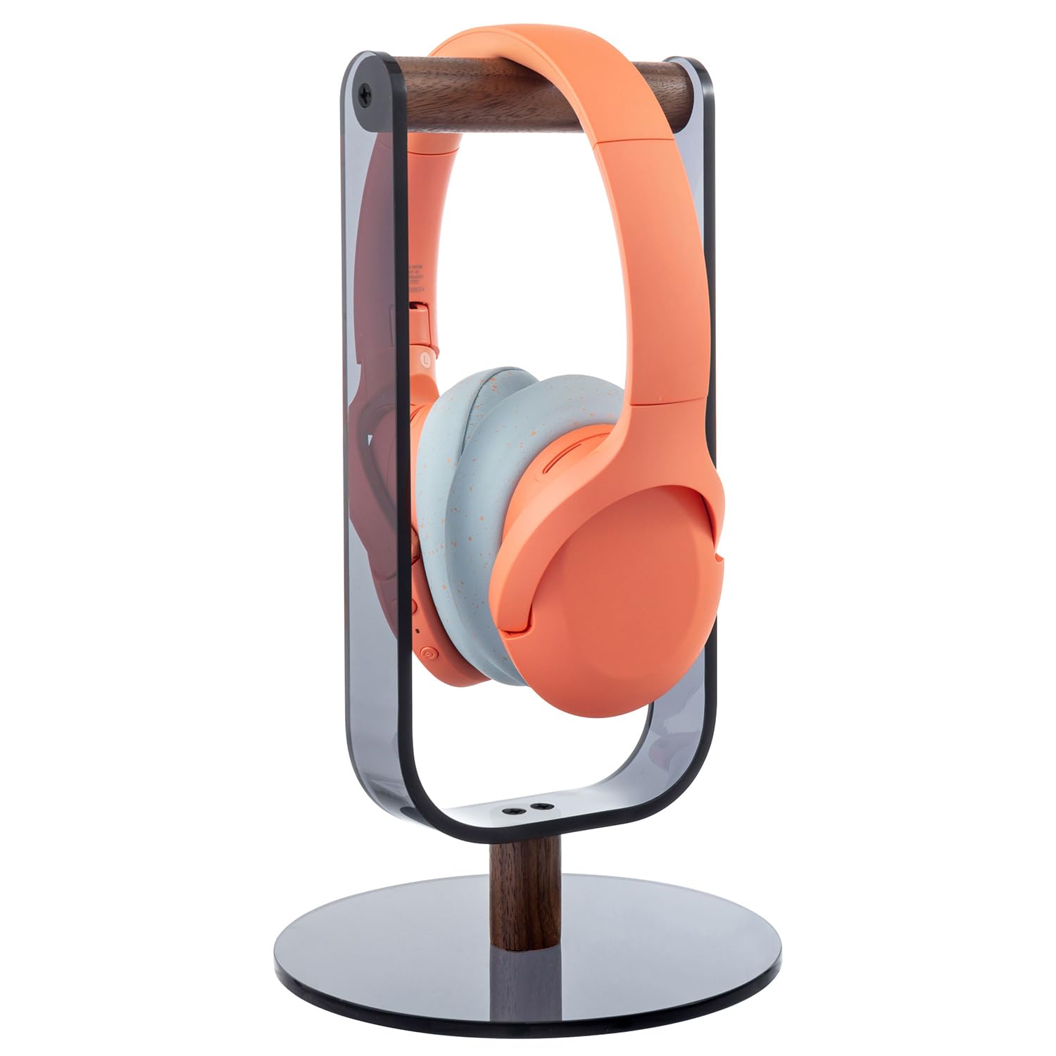 Premium Black Acrylic Gaming Headphone Stand with Walnut Wood Bar - Modern Desktop Headset Holder for Gamers & Streamers - Perfect for Gaming Setup, Home Office & Workspace Organization