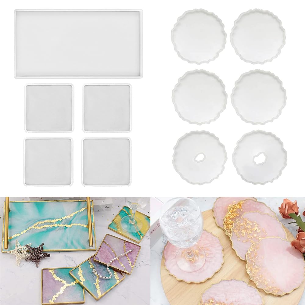 RESINWORLD 6 Pack Geode Coaster Molds for Epoxy Resin Art - Includes 1 Thick Rectangle Tray Mold & 4 Square Coaster Molds - DIY Craft Supplies for Home Decor, Gifts, and Resin Jewelry Making