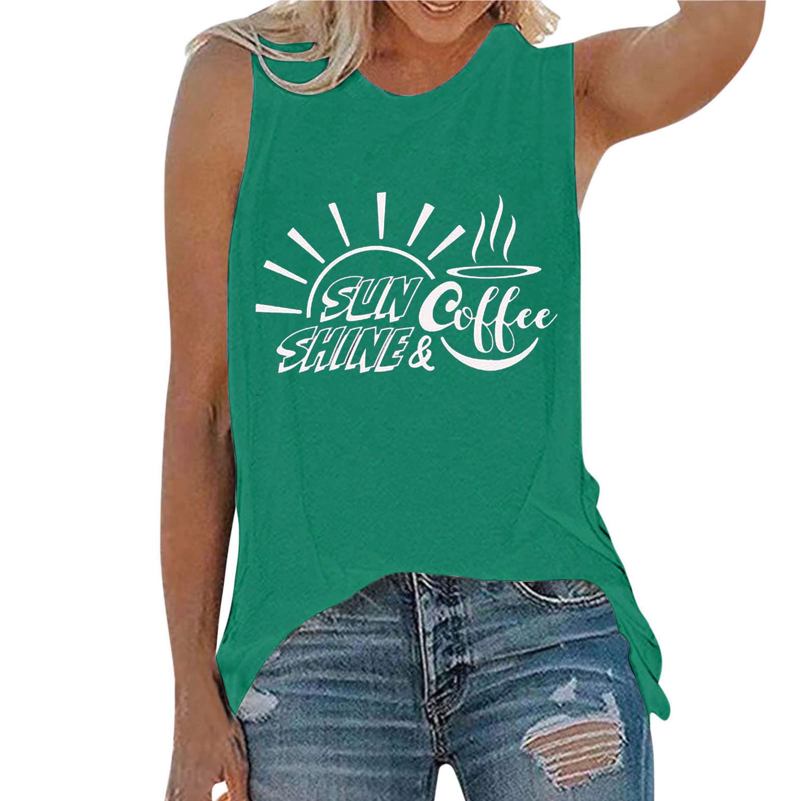 Funny Women's Sunshine & Coffee Slogan Crewneck Tank Top - Cute Workout Fitness T-Shirt & Cami Top for Gym, Running & Casual Wear