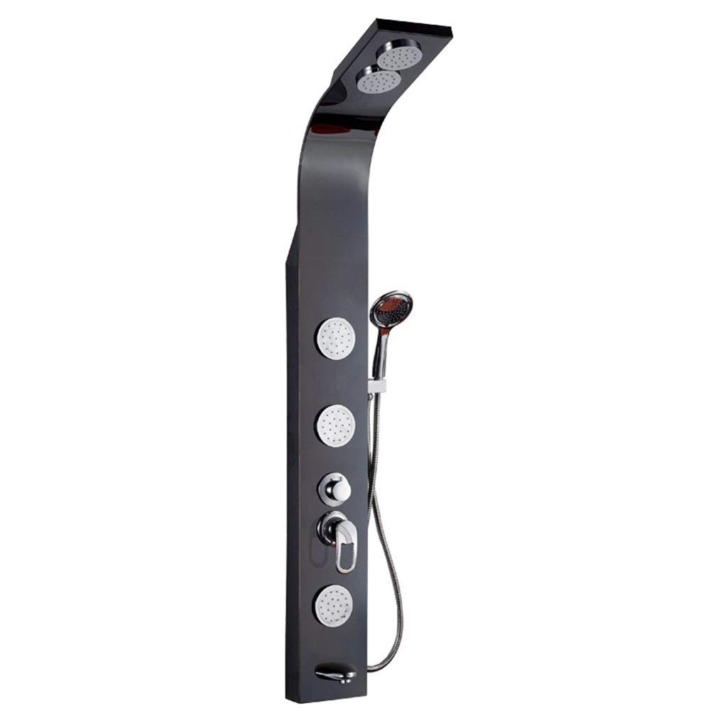 Polished Black Lacquer Stainless Steel Rain Shower Head with Stand-up Shower Column Panel - Modern Bathroom Accessory for Luxurious Spa Experience | Perfect for Master Bath, Guest Bath & Hotel Renovations