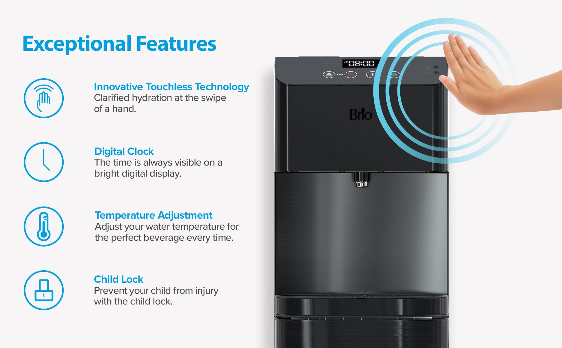 Brio Moderna Touchless Bottom Load Water Cooler Dispenser - Self-Cleaning, Motion Sensor, Tri-Temperature Dispensing, Child Safety Lock, 3/5 Gallon Bottle Capacity, Digital Display with LED Light - Perfect for Offices, Homes, and Schools
