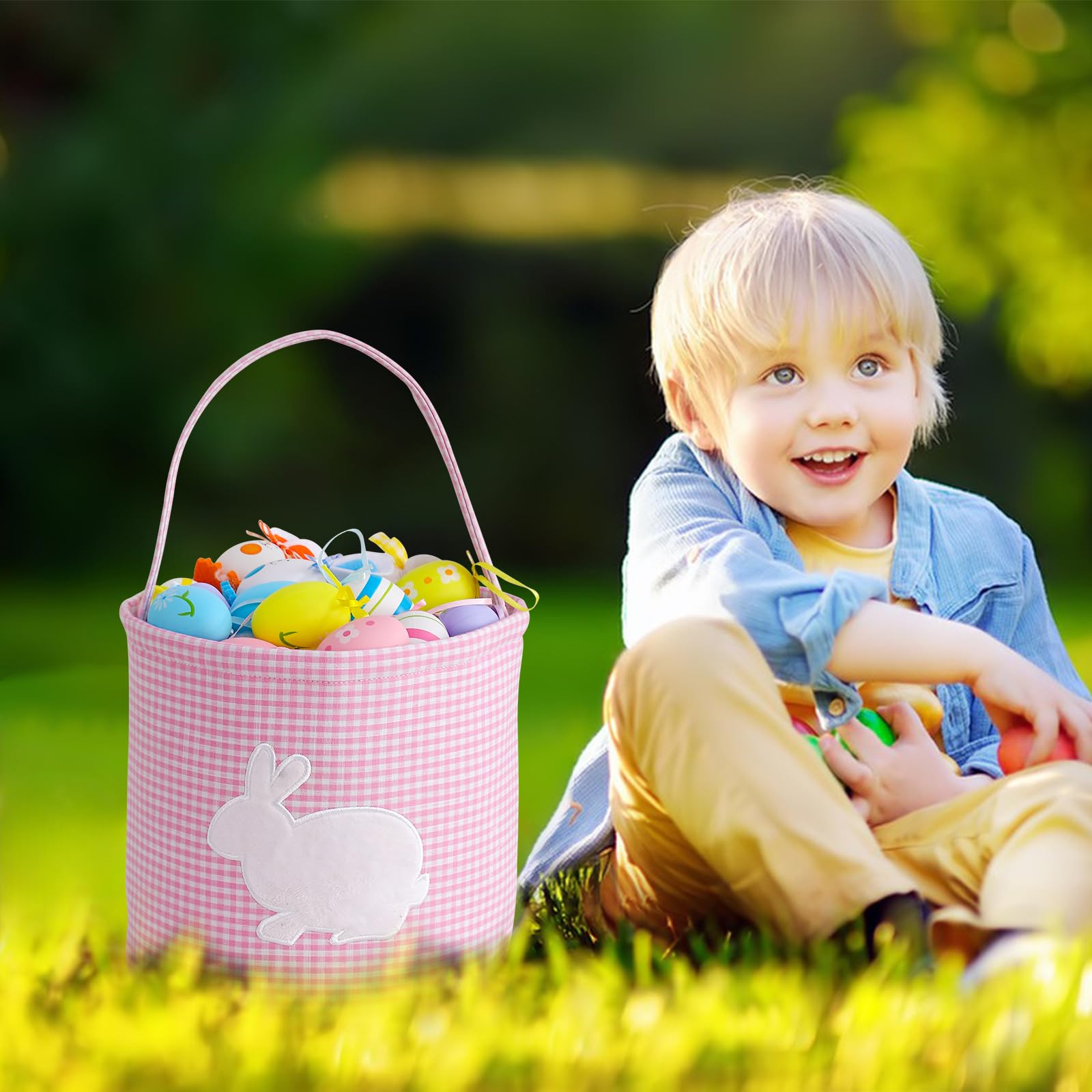 Easter Bunny Basket - Classic Pink Gingham Easter Bucket Bag for Egg Hunts, Party Favors & Home Decor - Perfect for Easter Celebrations, Kids' Egg Hunt Parties & Spring Home Decorations