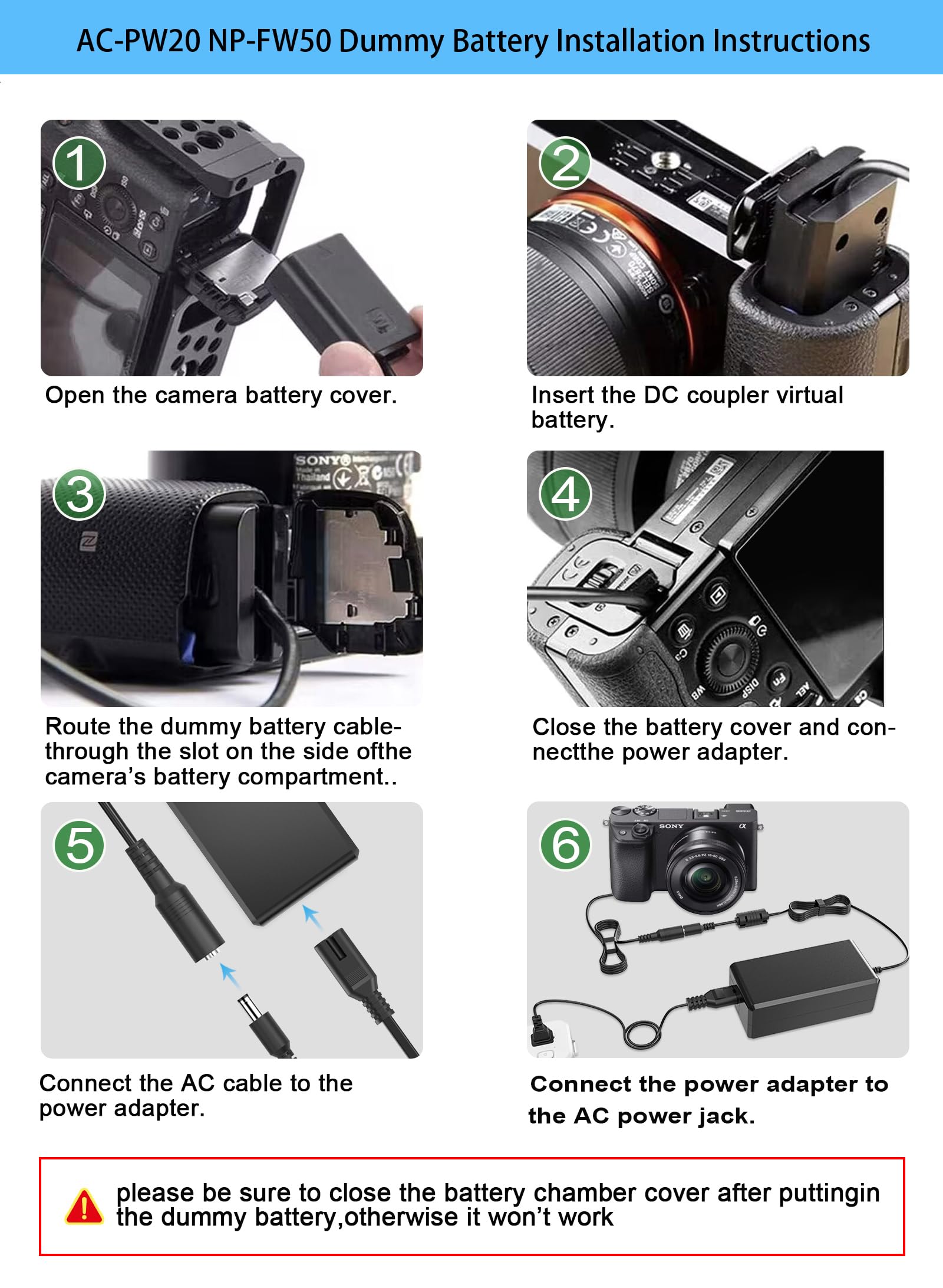 TKDY AC-PW20 Power Adapter NP-FW50 Dummy Battery for Sony Alpha ZV-E10 A6400 A6000 A6100 A5100 A7 A7II Cameras - Continuous Power Supply for Vlogging, Live Streaming & Photography