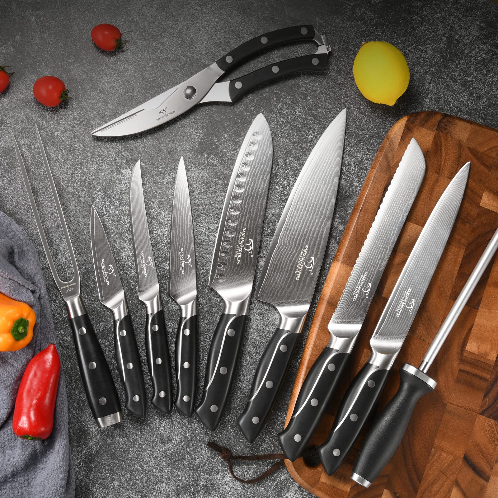 18-Piece Damascus Steel Kitchen Knife Set with 8 Steak Knives, Non-Slip ABS Ergonomic Handle, Knife Sharpener & Shears - 17-Slot Ash Wood Knife Block (Grey) - Perfect for Home Chefs, Cooking Enthusiasts & Professional Kitchens