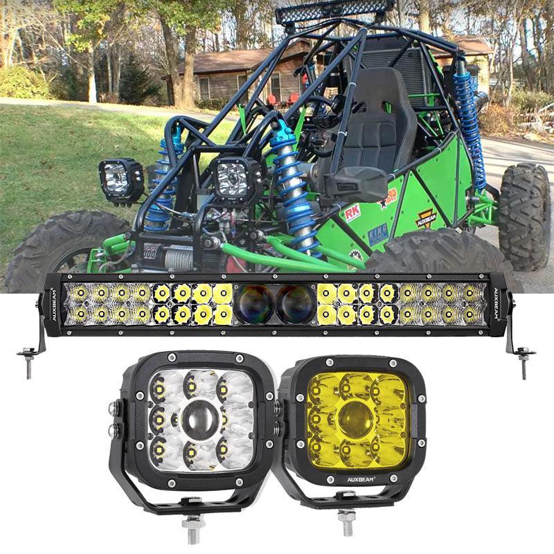 5 Inch 110W LED Driving Lights with Amber Covers & 22 Inch 5D PRO Series LED Light Bar Combo - High Performance Off-Road Lighting for CBR1000RR, ATV, UTV, Trucks and Buggies - Perfect for Night Riding, Trail Adventures and Off-Road Racing