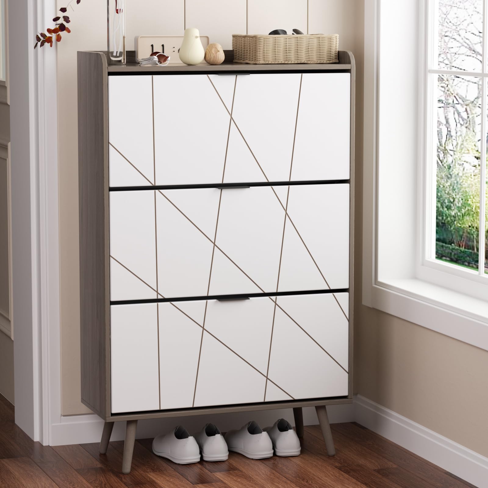 Modern Shoe Cabinet with 3 Flip Drawers - Extra Large Freestanding Shoe Storage Organizer with Wood Legs, Narrow Hidden Shoe Rack for Entryway, Hallway or Closet - Grey & White 31.5