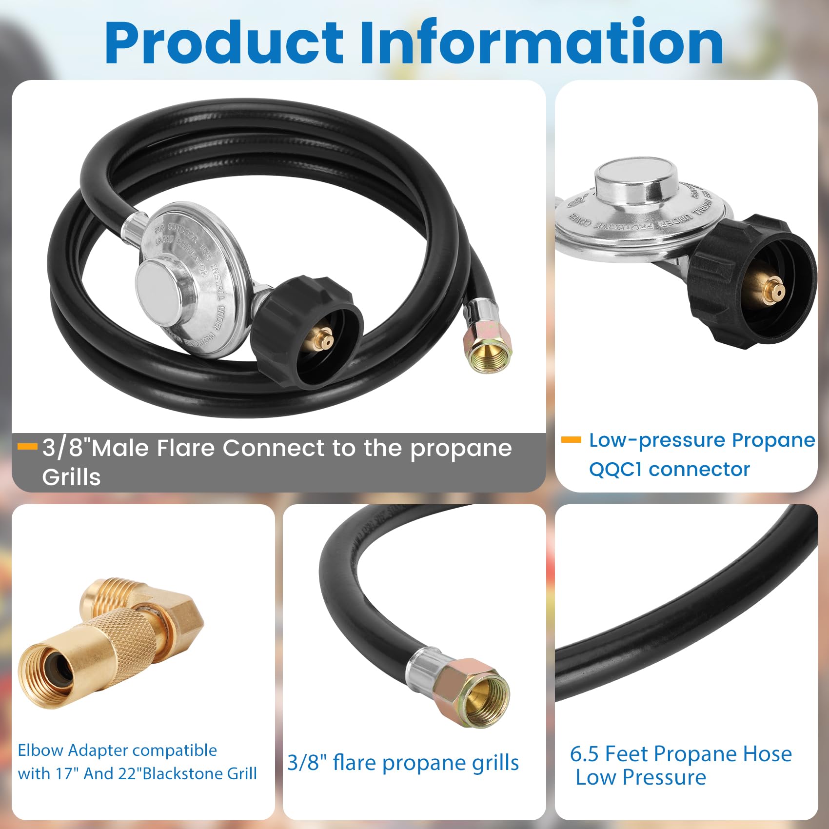 6.5 Feet Universal QCC1 Propane Regulator & Hose with 90° Elbow Adapter - Compatible with 17
