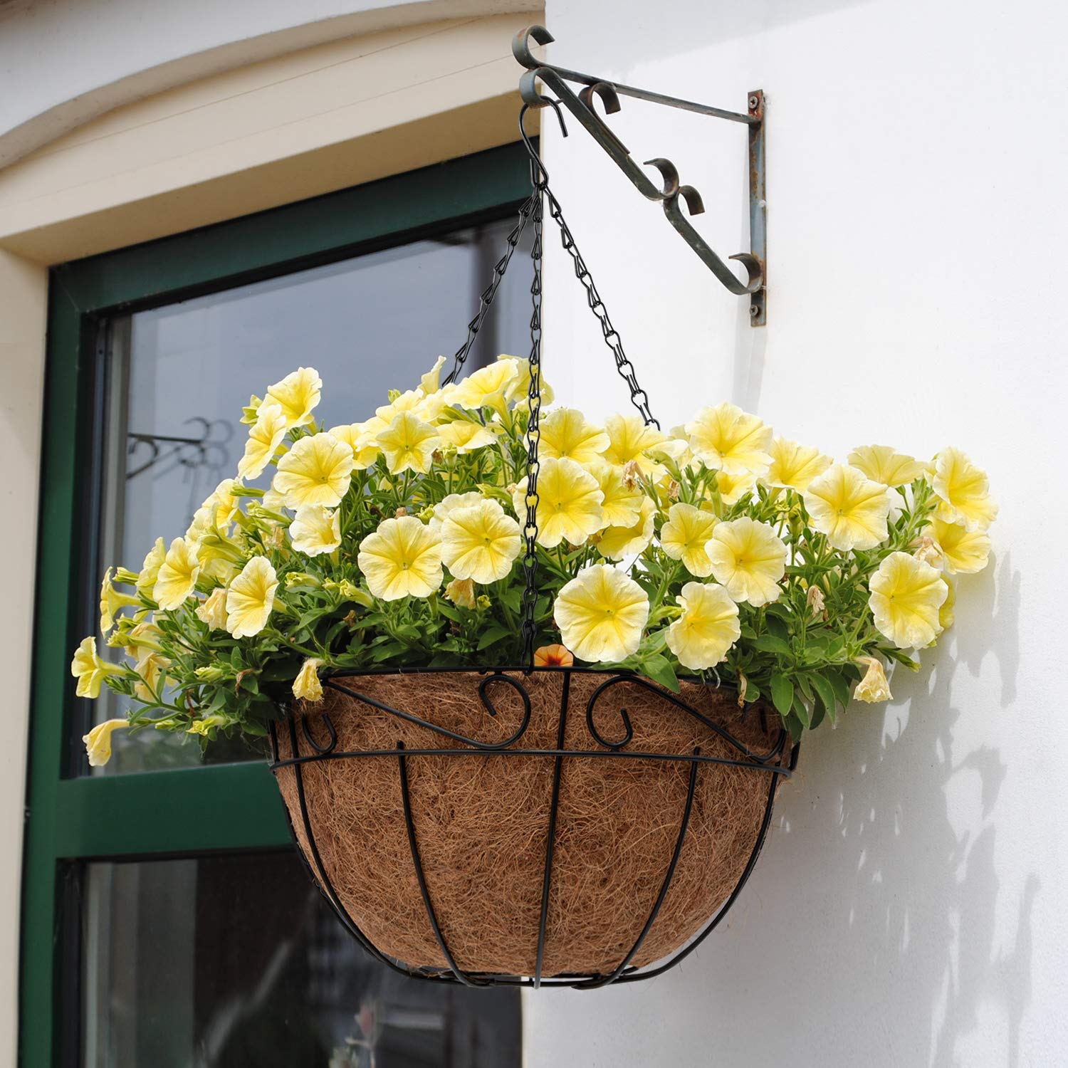 AMAGABELI GARDEN & HOME 4 Pack 14 Inch Metal Round Hanging Planter Baskets with Coco Fiber Liners - Indoor Outdoor Flower Pots for Vegetables, Herbs, Succulents - Perfect for Garden, Home, Porch, Balcony Decor and Vertical Gardening