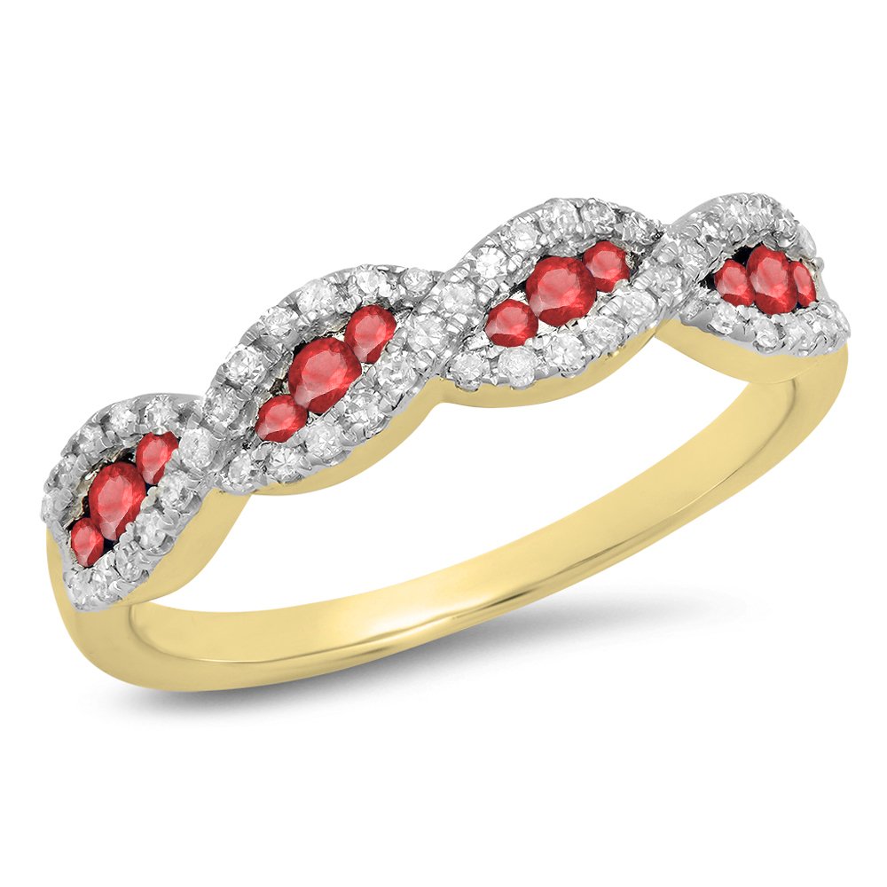 10K Solid Gold Round Ruby & White Diamond Stackable Wedding Band Swirl Ring for Bridal, Anniversary, Engagement - Perfect for Stacking, Gift Giving & Special Occasions