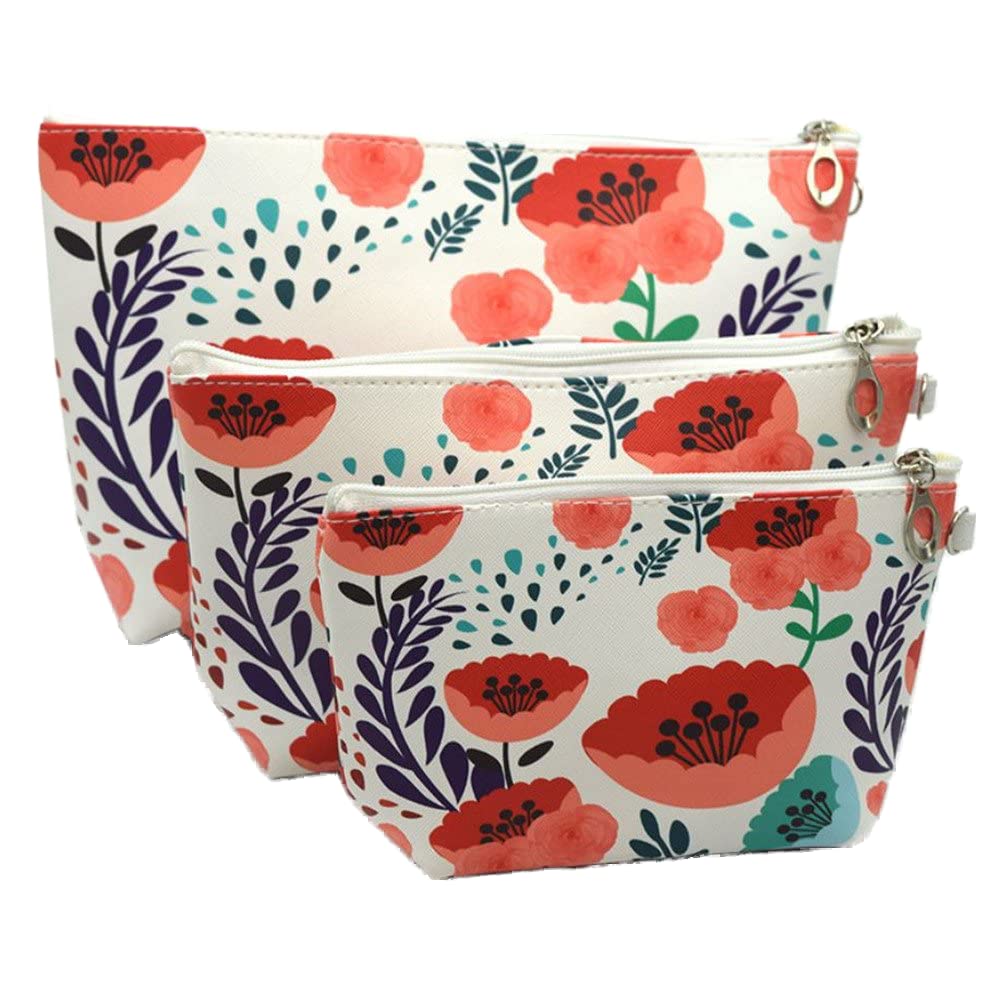 3 PCS Waterproof Large Capacity PU Leather Cosmetic Bags for Travel, Makeup Storage & Bathroom Organization (3 Sizes, Orange Sunflower) - Perfect for Gym, Vacation & Daily Essentials