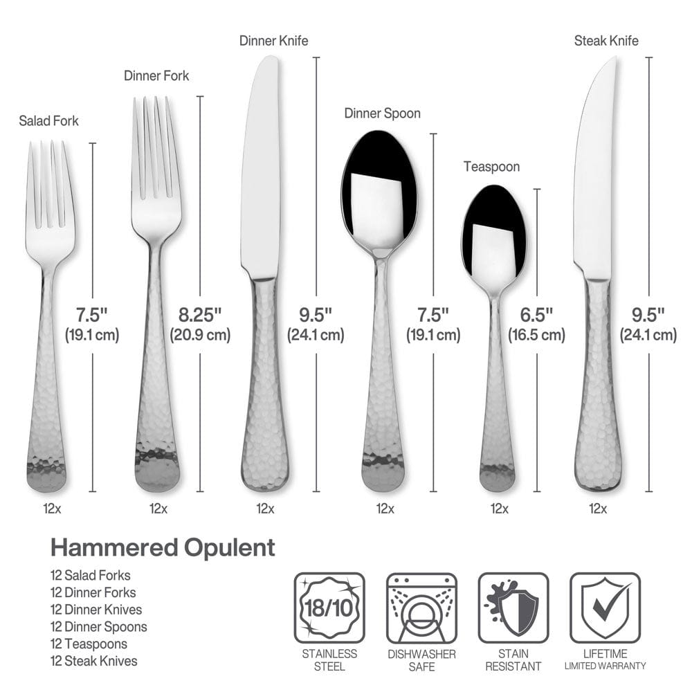 Hammered Opulent 75-Piece Flatware Set - Service for 12 - Premium Stainless Steel Cutlery Set for Fine Dining, Weddings & Formal Occasions