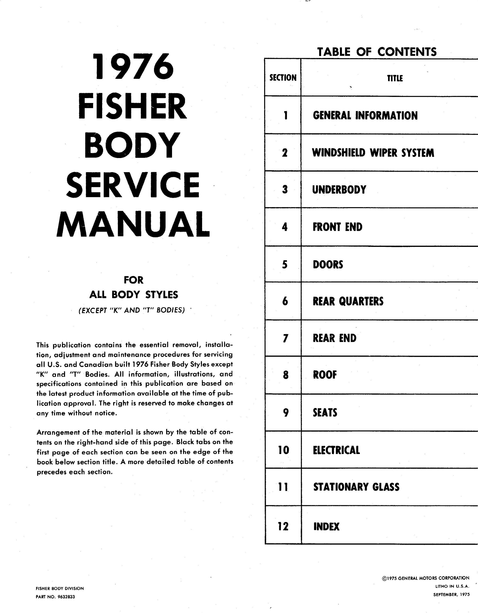 1976 Fisher Body Service Manual - Repair Guide for All Body Styles (Except K & T) | DIY Auto Maintenance & Restoration | Perfect for Classic Car Enthusiasts & Mechanics